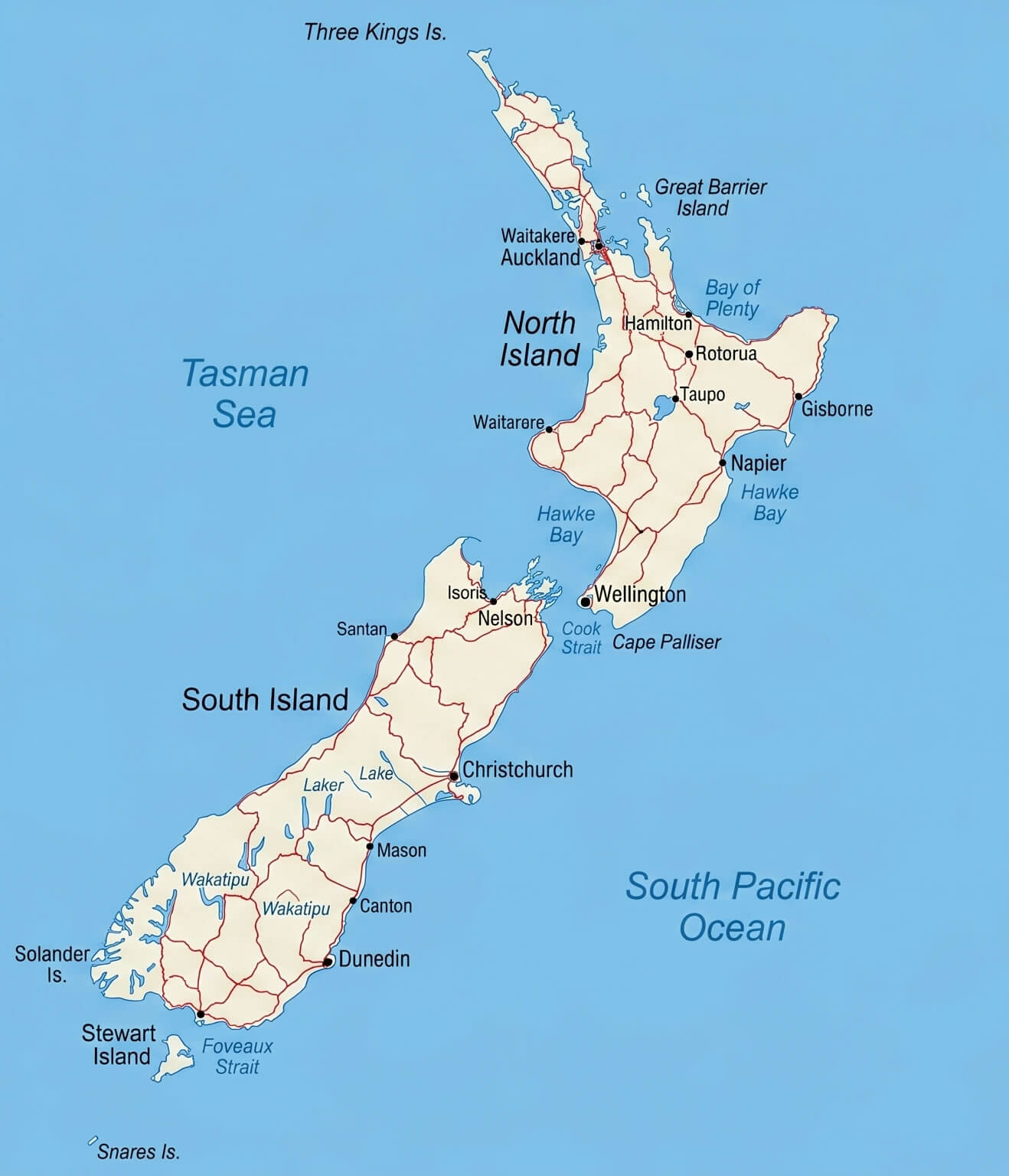 New Zealand road and cities map