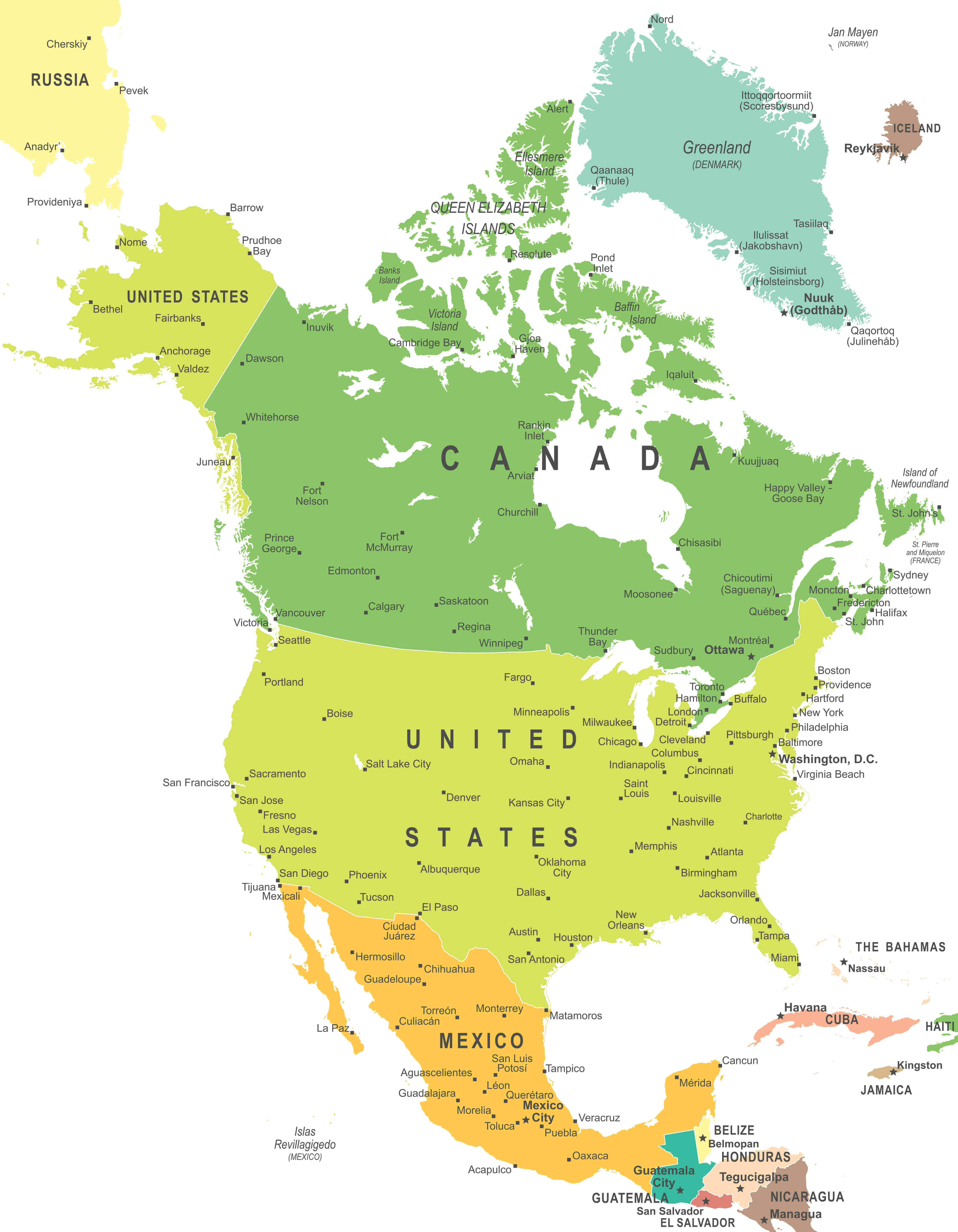 North America map with country boundaries, major towns and points of interest
