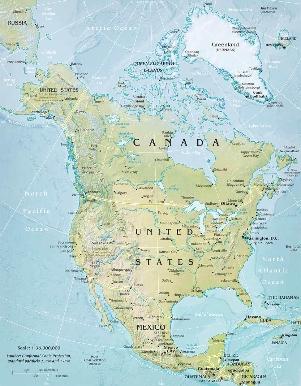 North America detailed physical and relief map