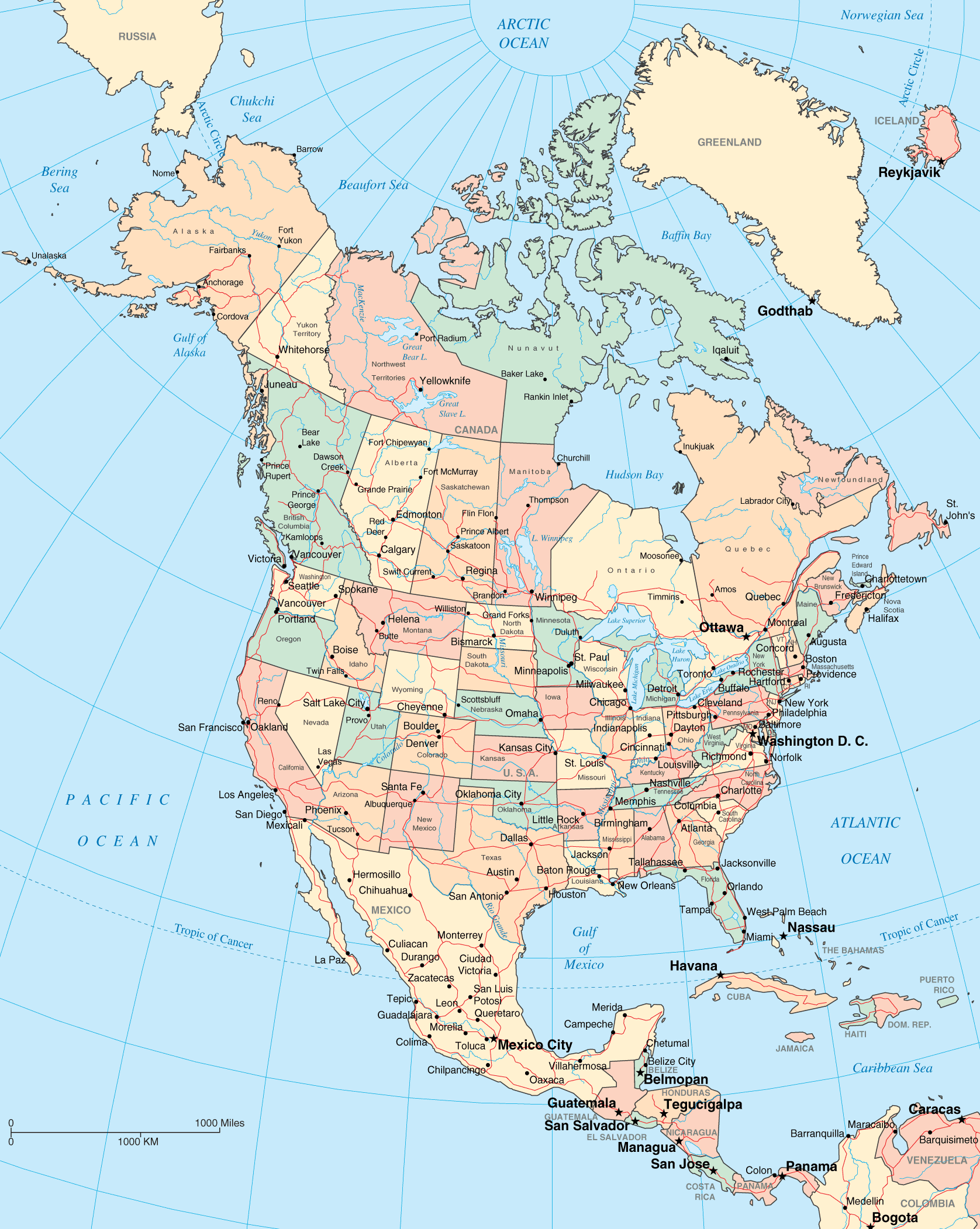 North America detailed political map with countries