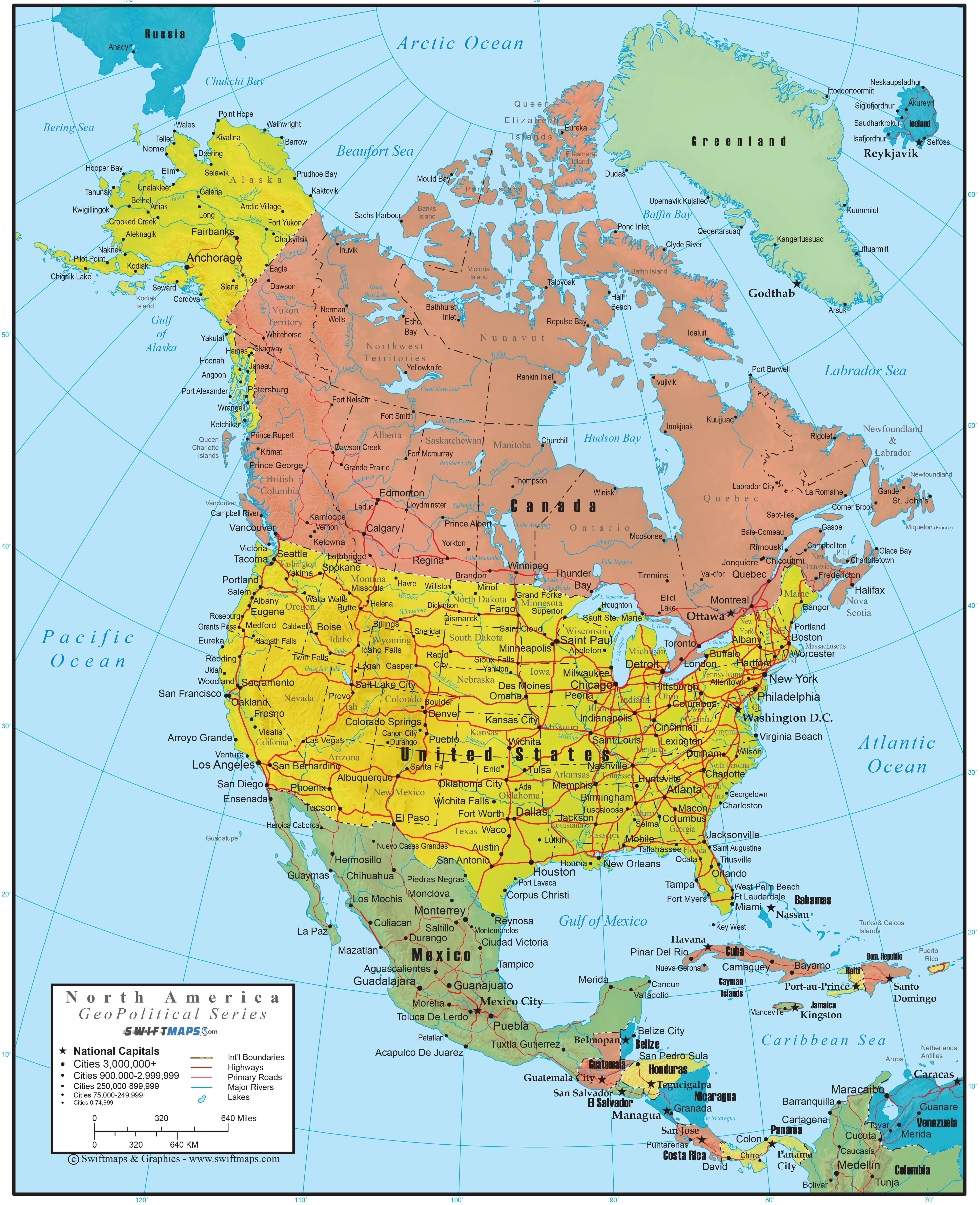 North America geopolitical wall map