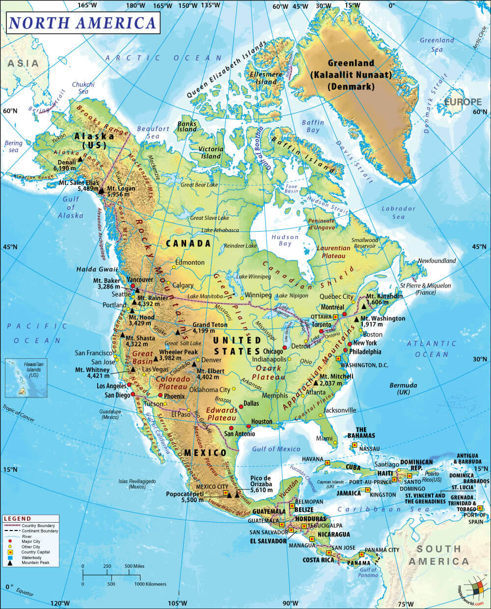 North America physical map with cities