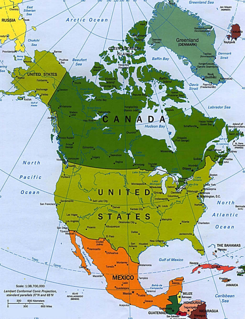 North America political map USA Canada Mexico GGreenland