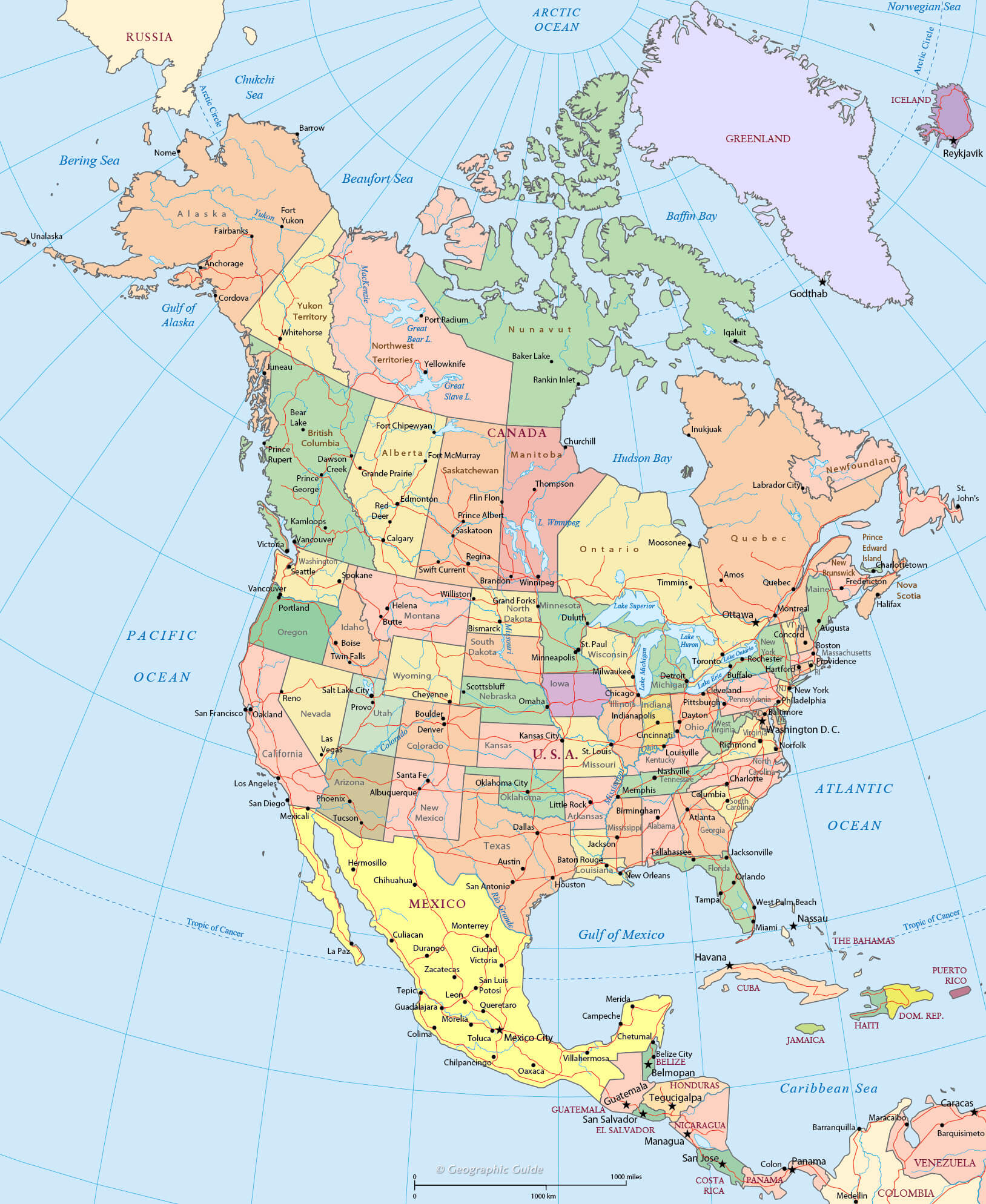 North America political map with cities and states
