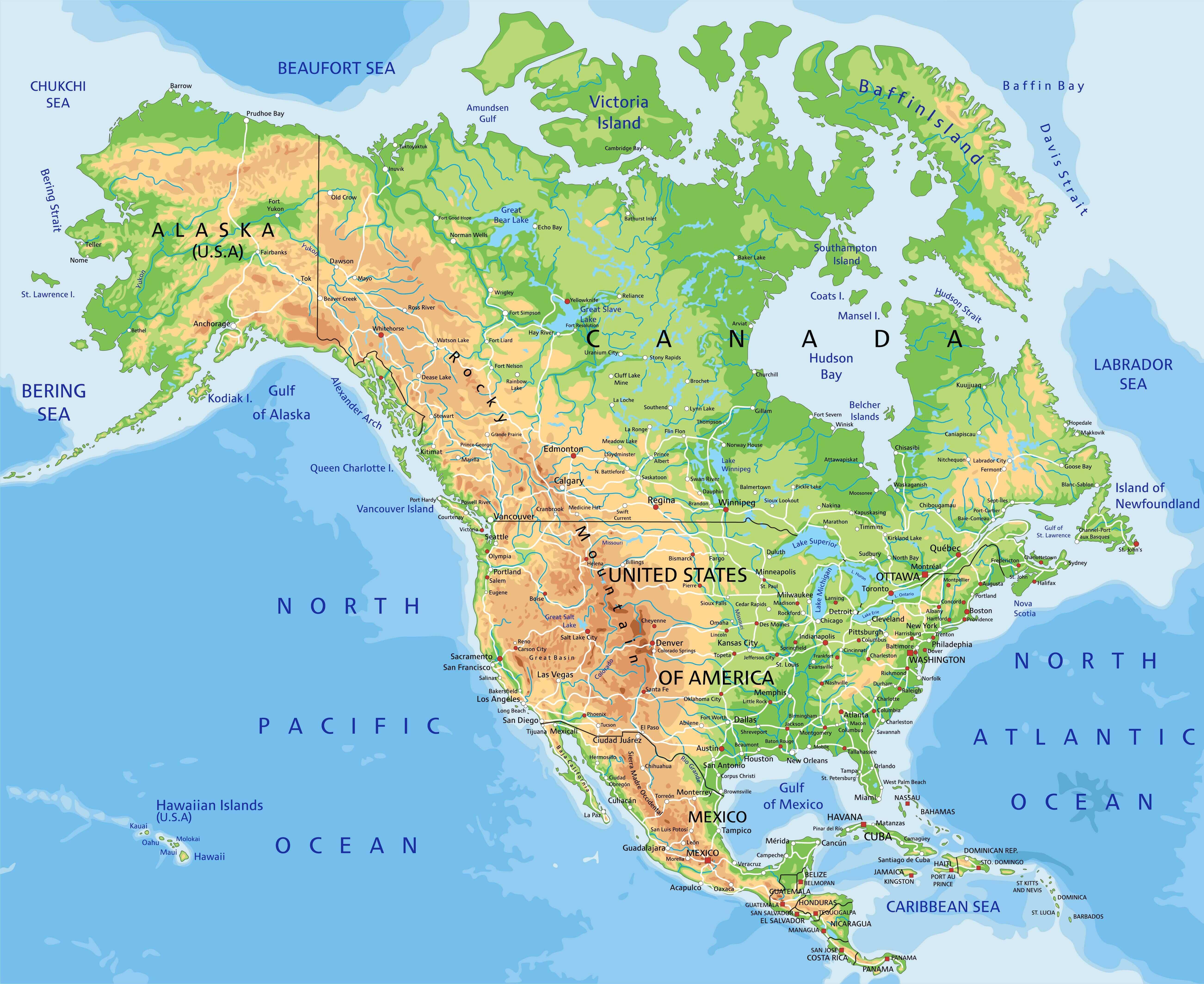 North America detailed physical wall map