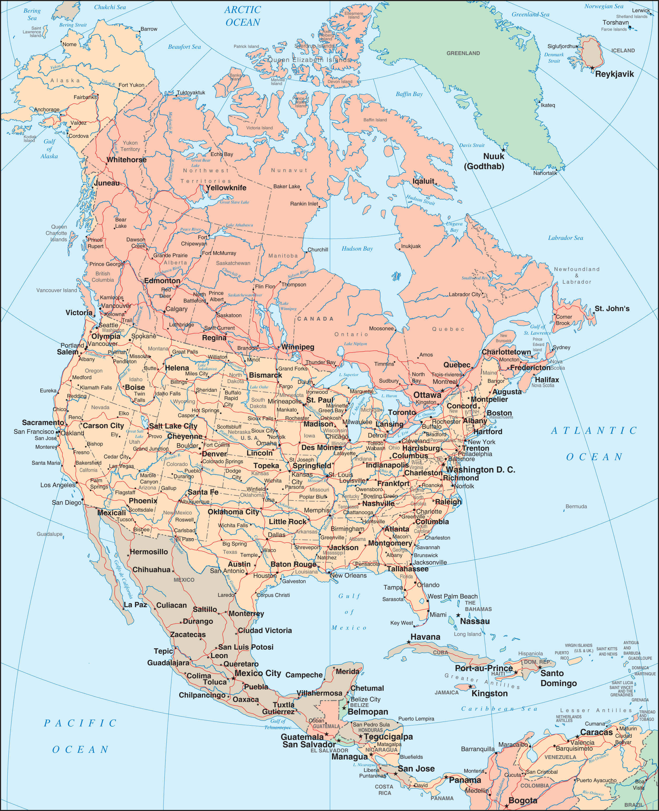 North America high resolution political map