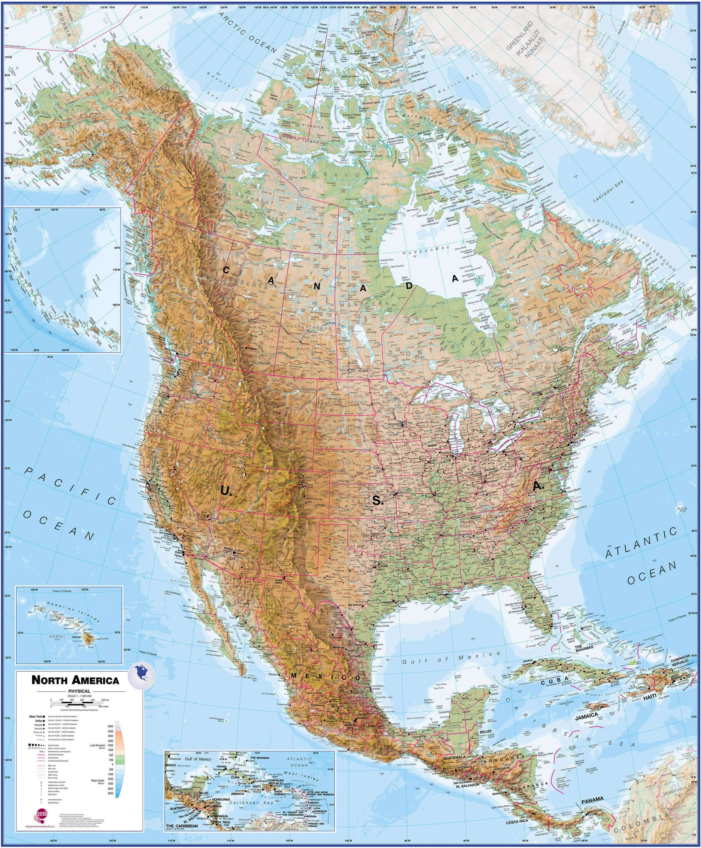North America large physical relief map
