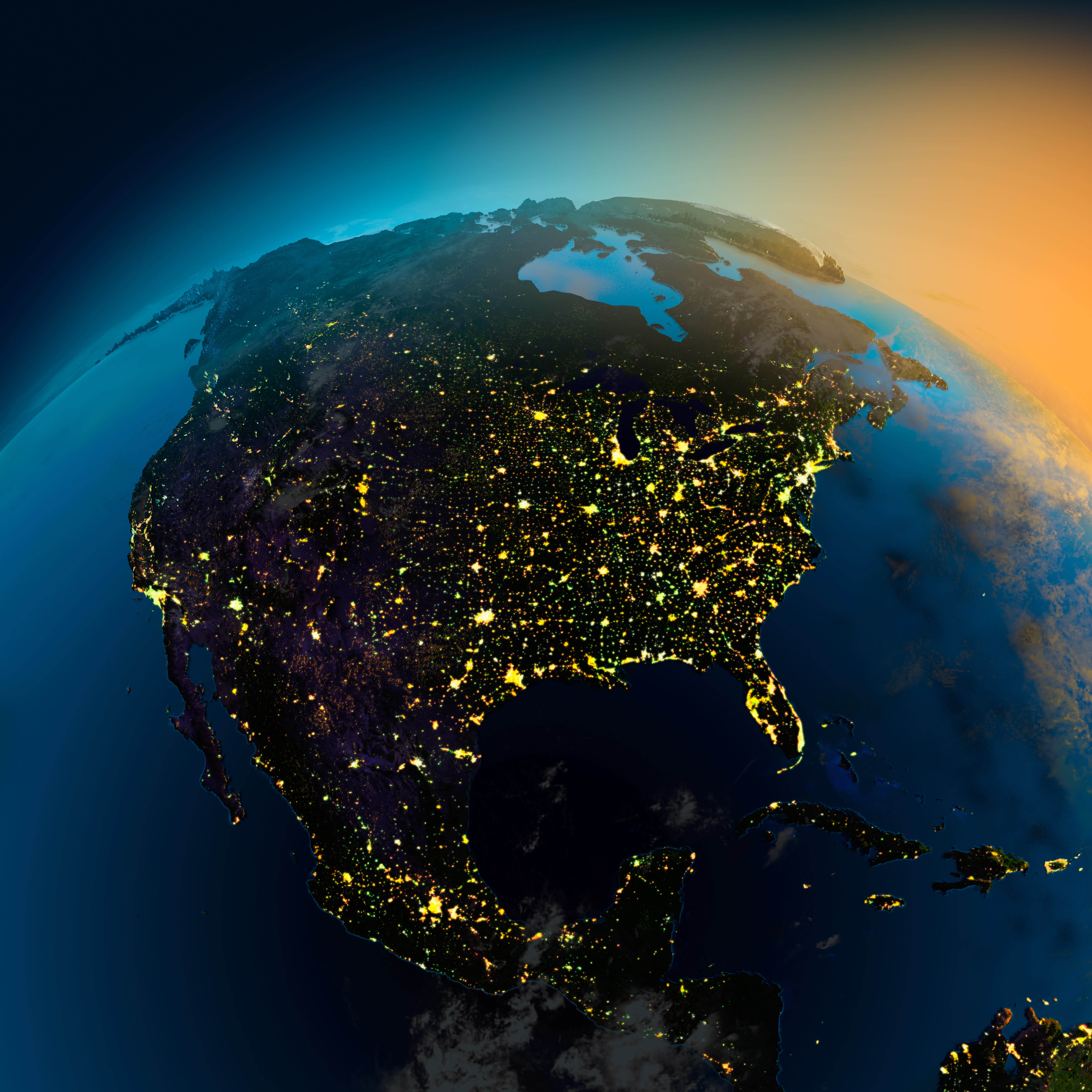 North America satellite map at night