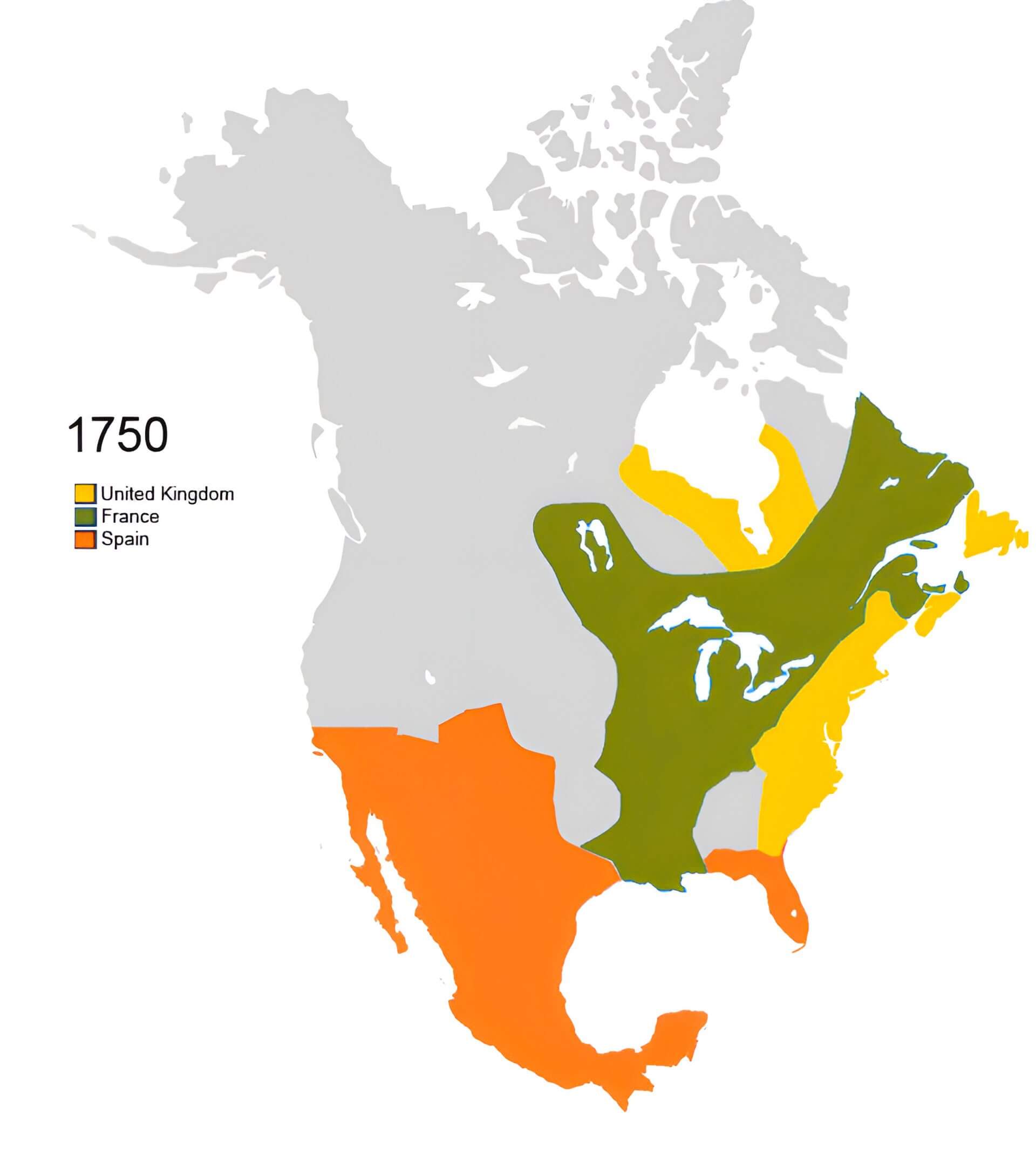 North America colonial territories map 1750