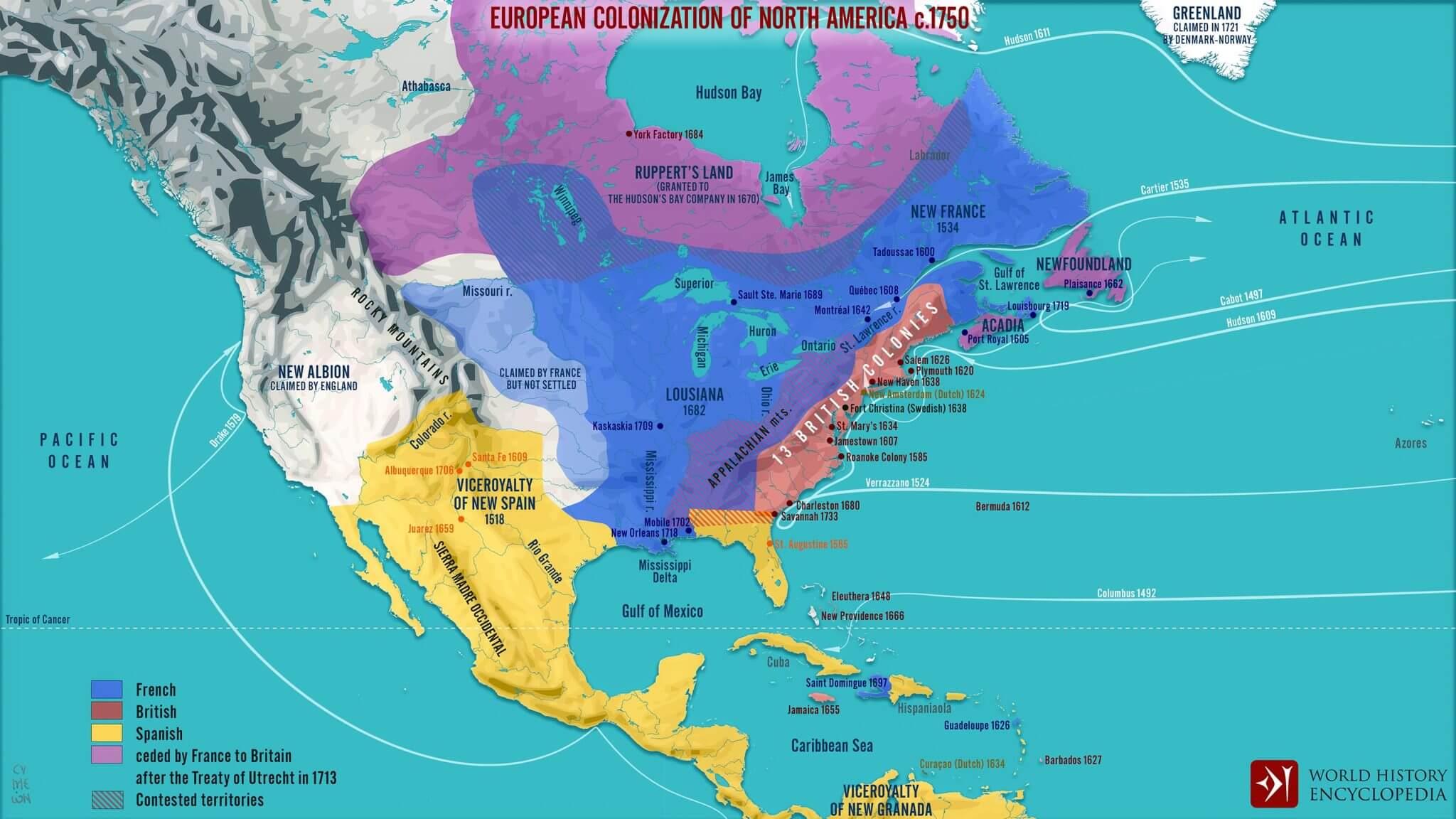 North America european colonial map 1750