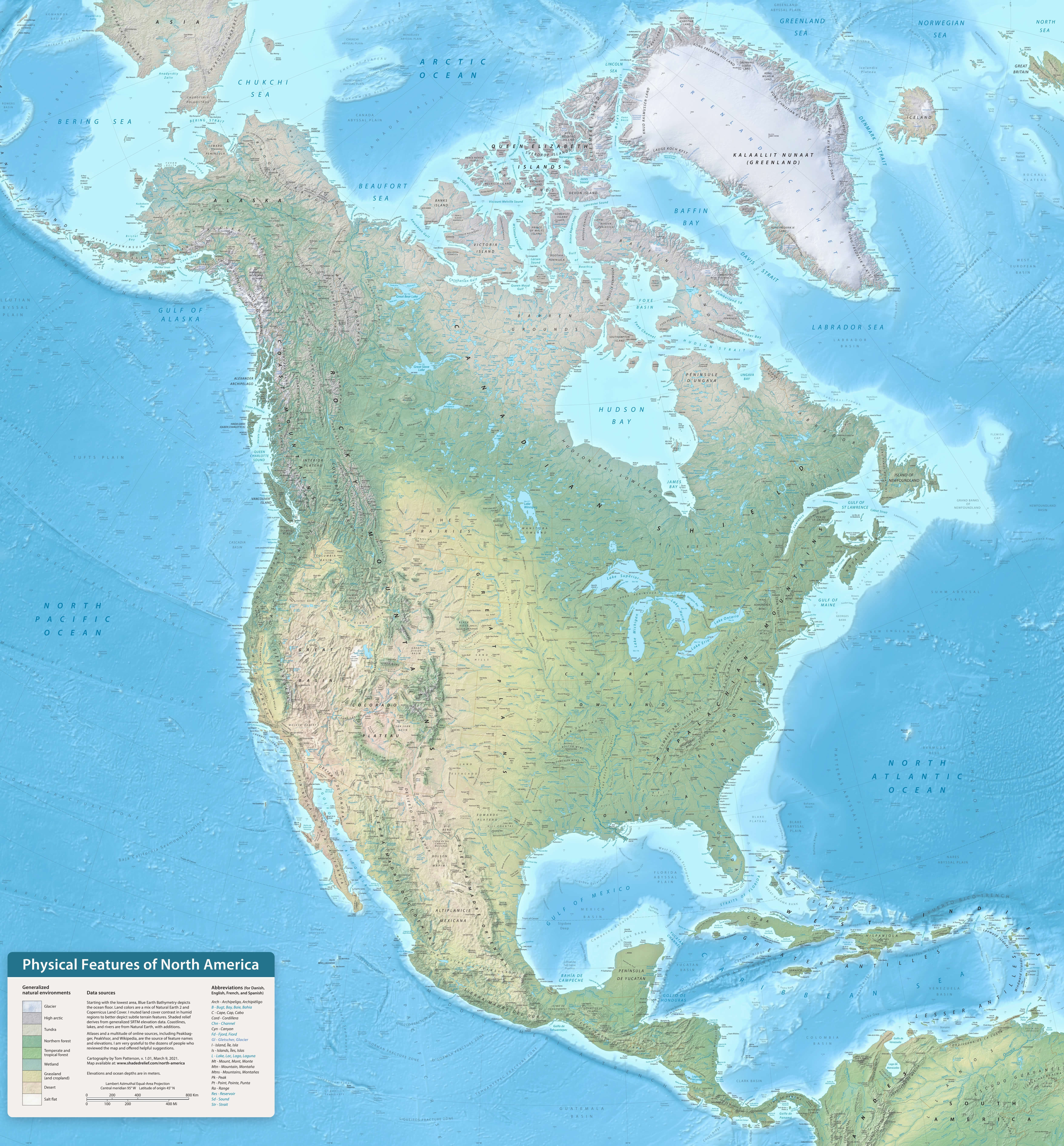 North America physical features map