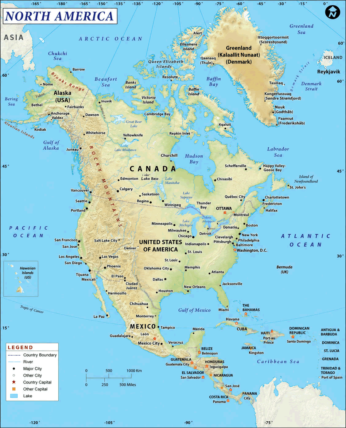North America physical map with countries