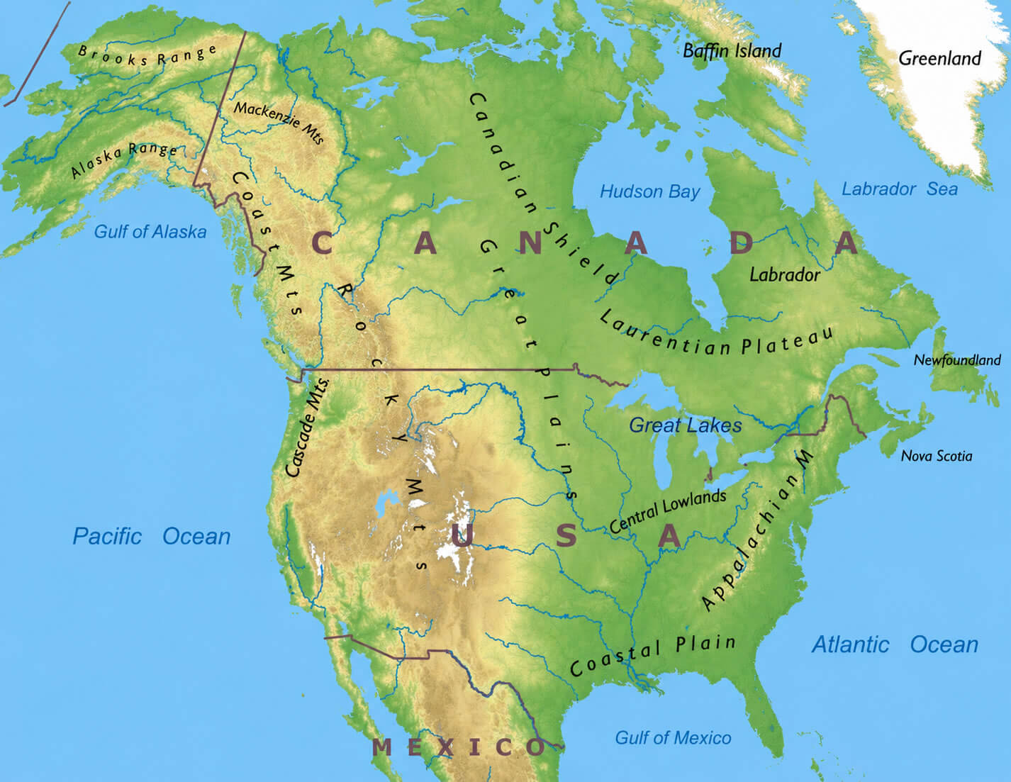 North America terrain and landforms map