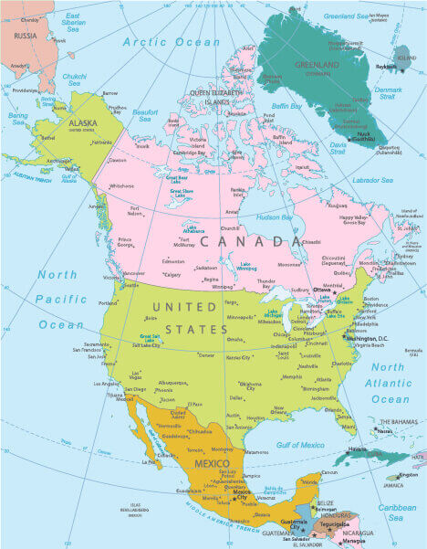 North America Political Map with Country Borders