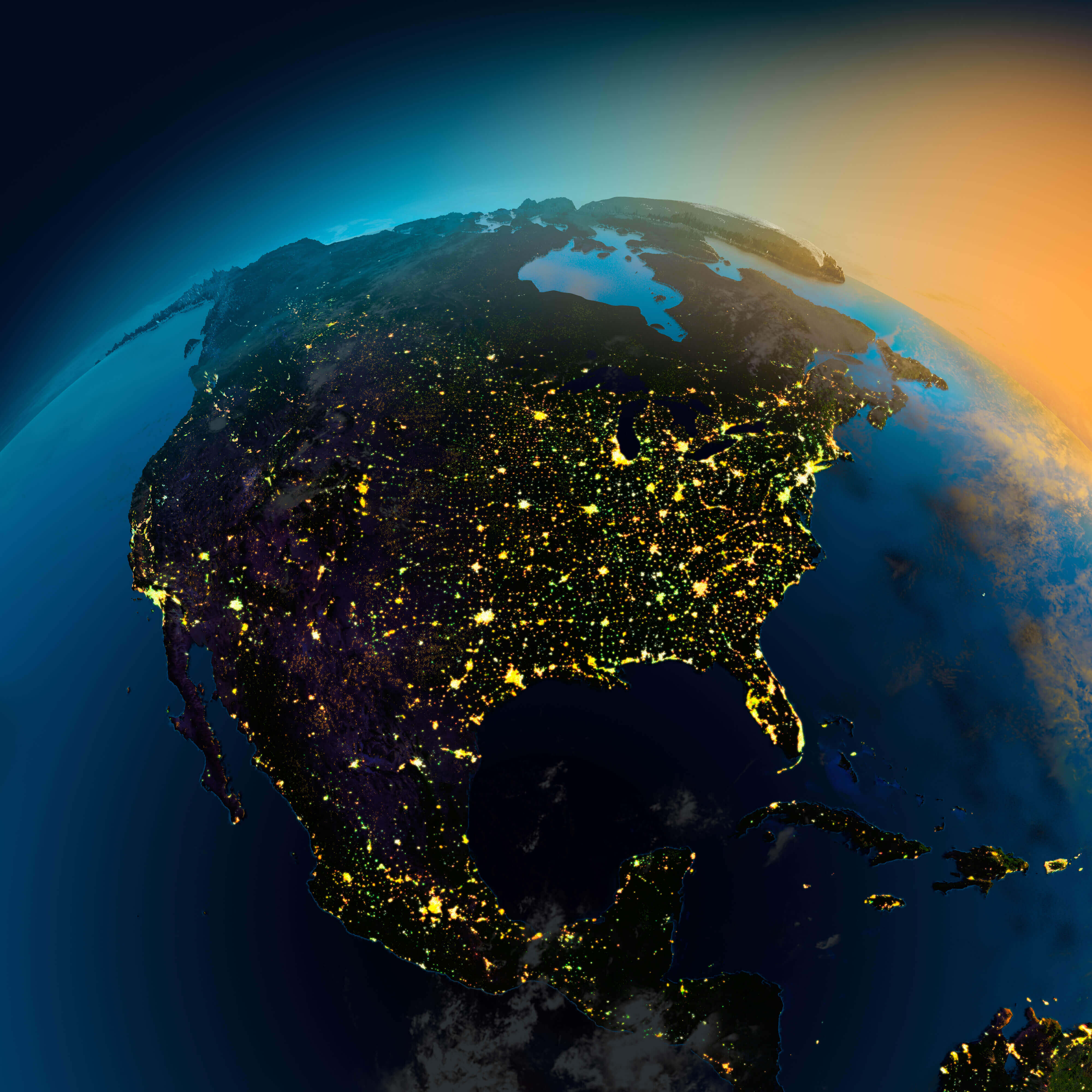 North America satellite map at night