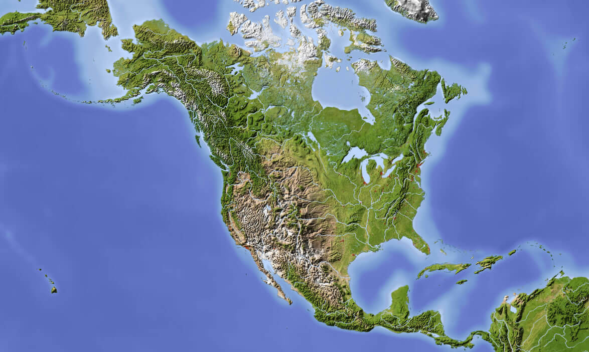 North America satellite relief map