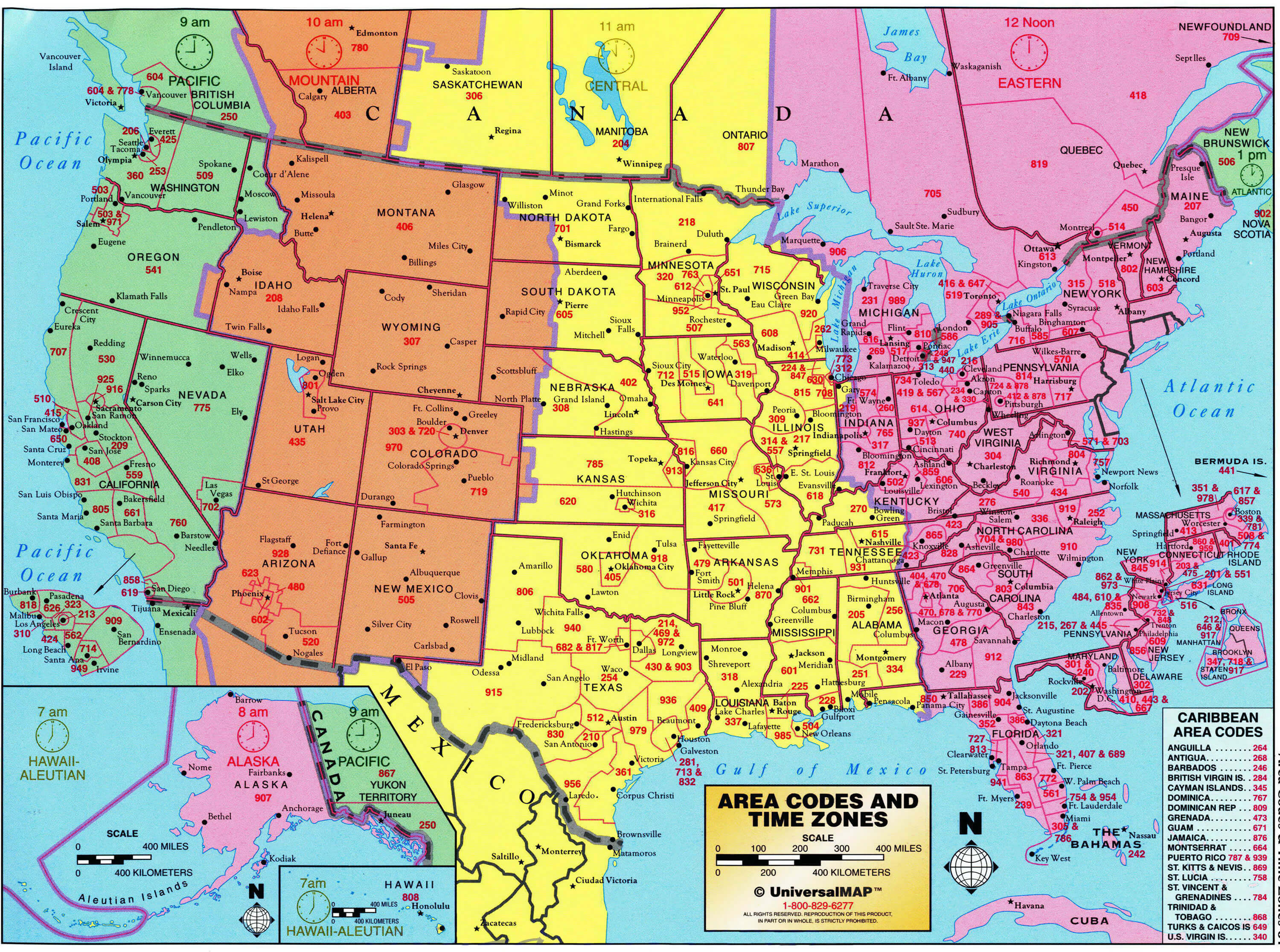 North America area codes and time zones map