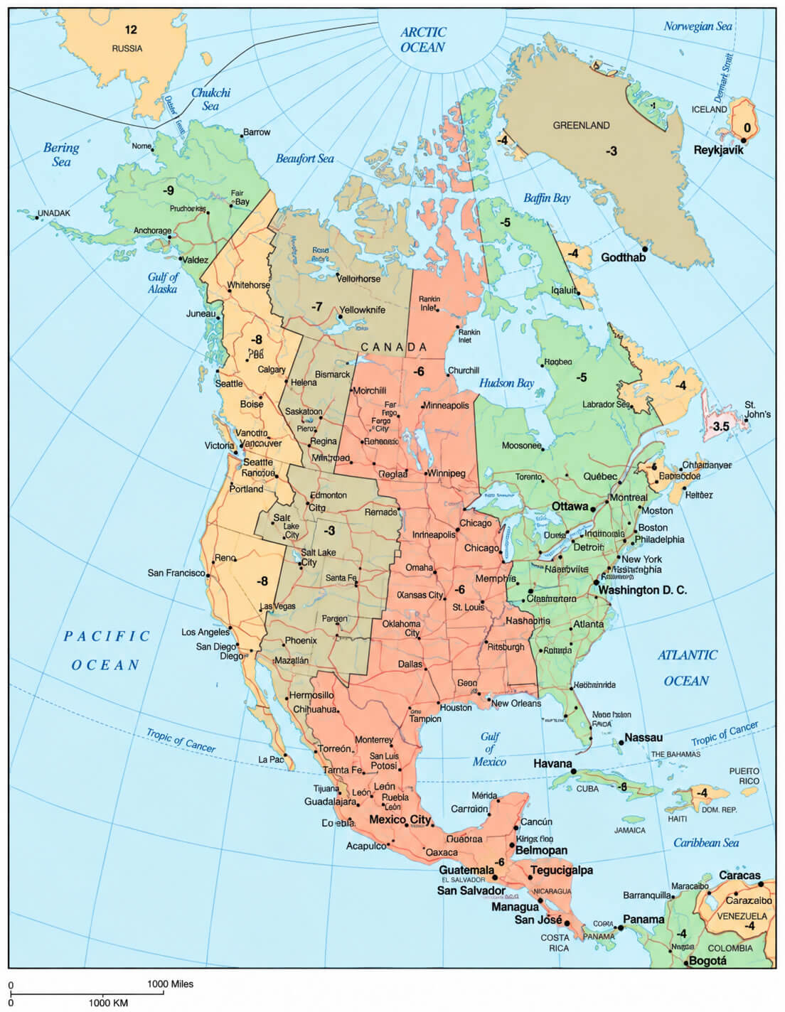 North America detailed time zone map