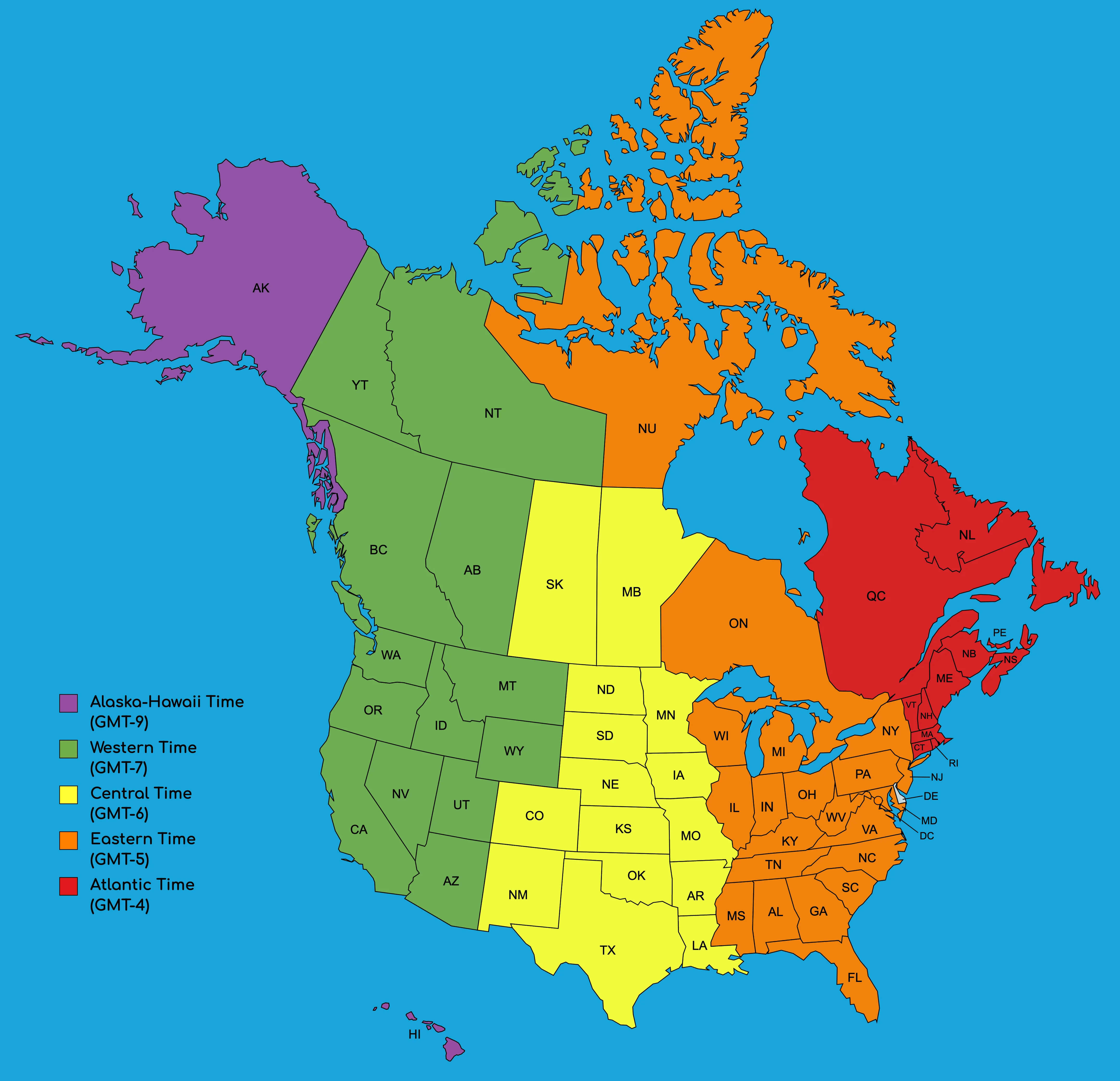 North America time zone map USA Canada