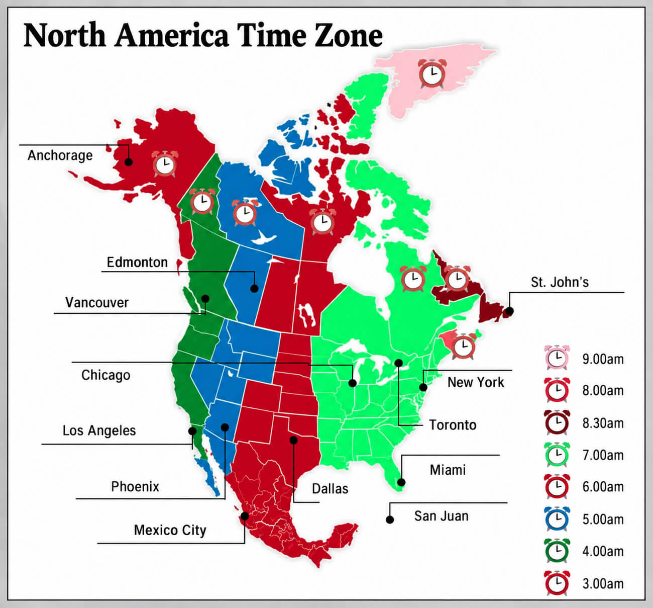 North America time zone map with major cities