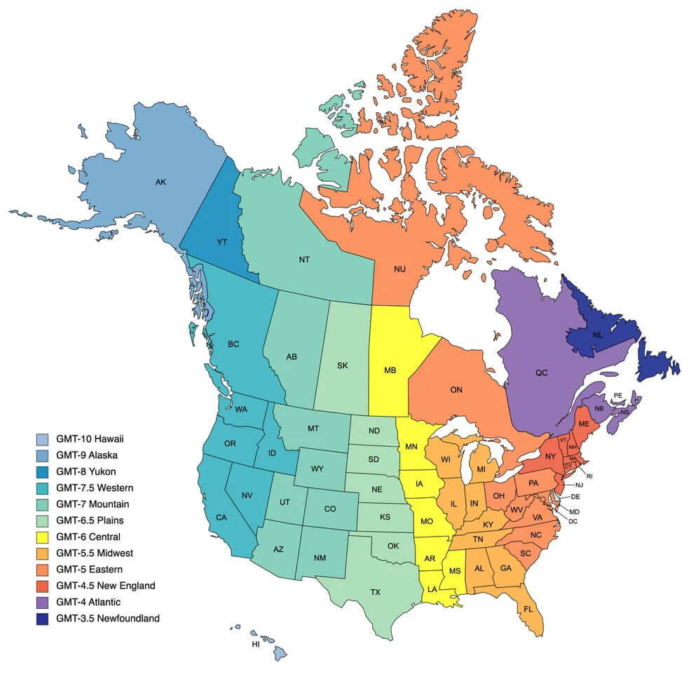 North America time zones map with US states