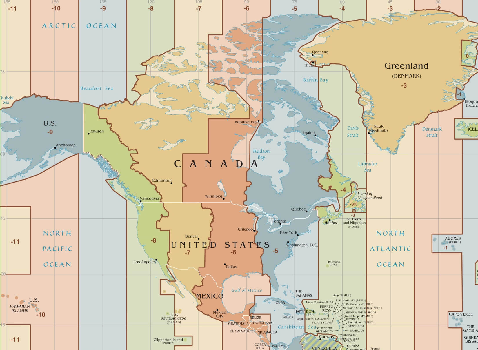 North America time zones USA Canada greenland map