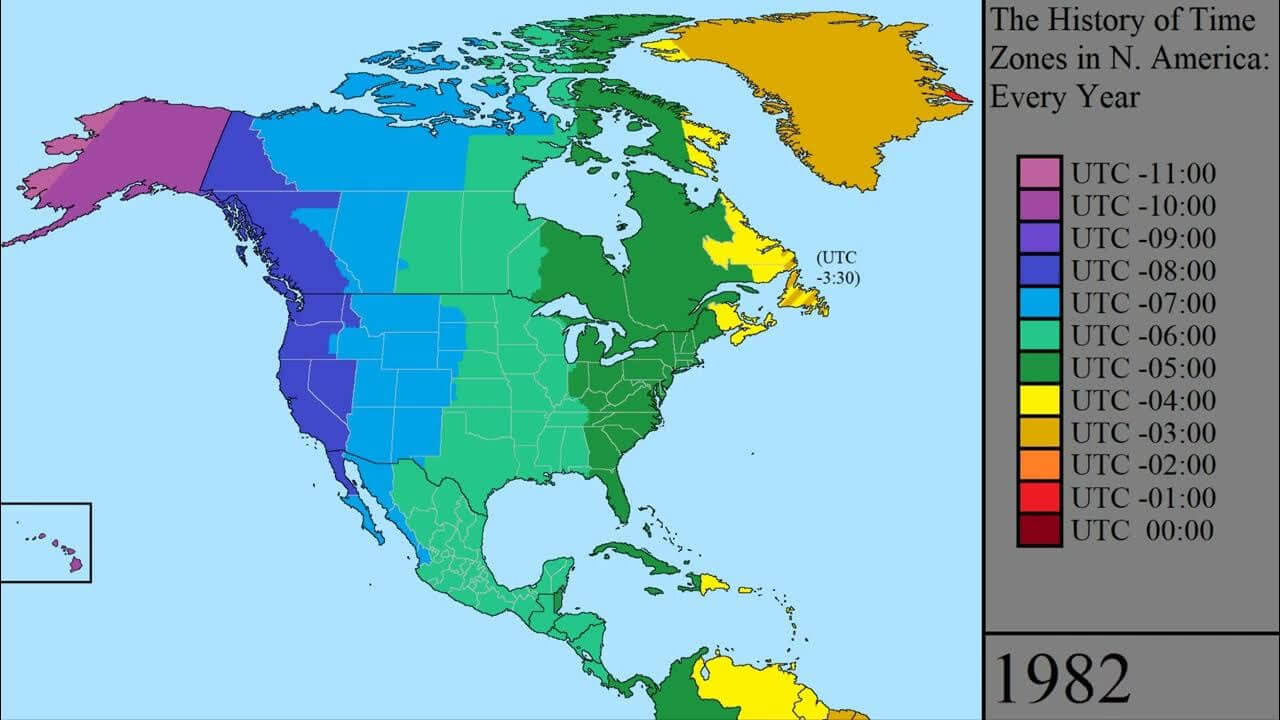 Time zones map of North America 1982
