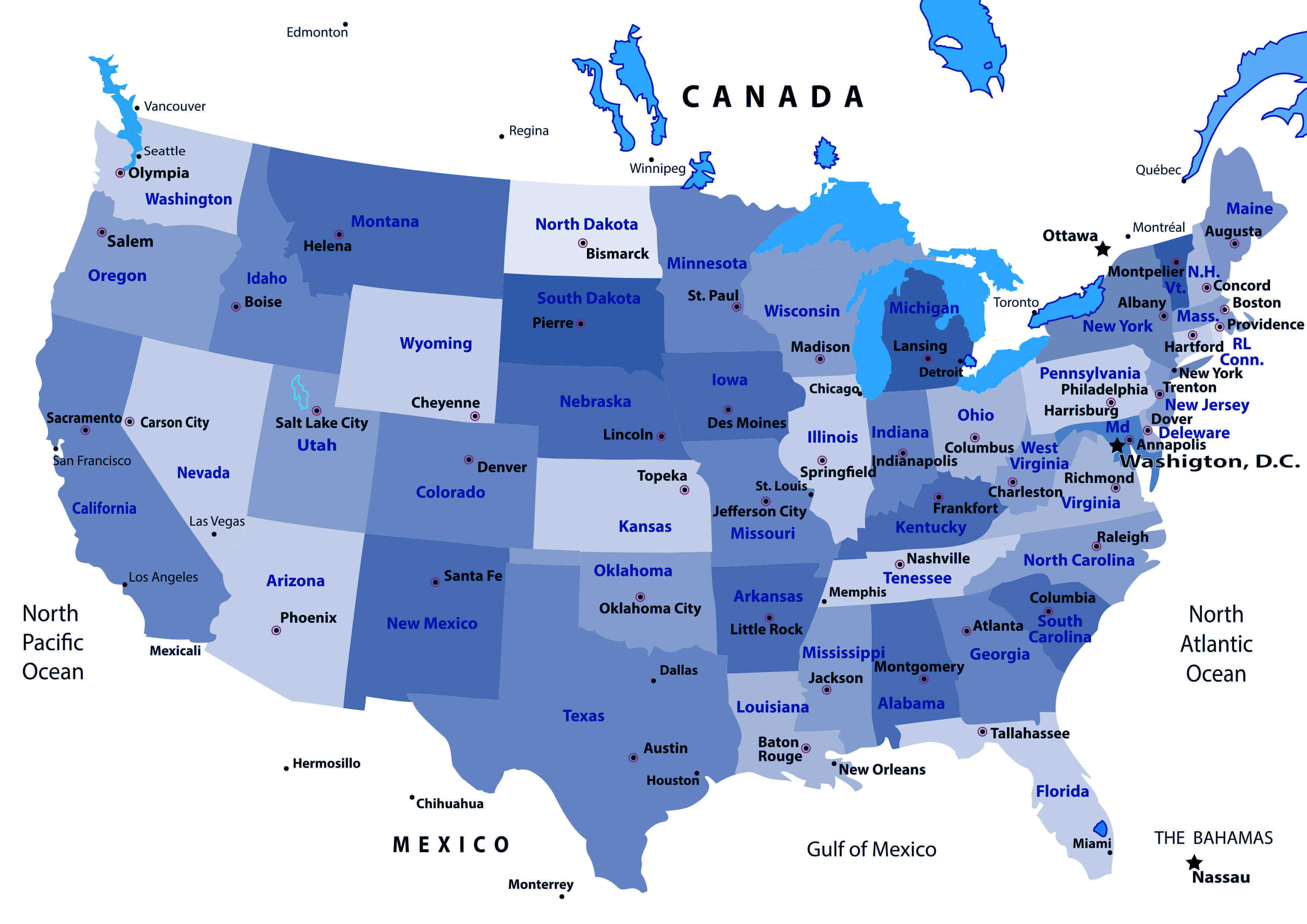 High-resolution United States capitals and main cities map