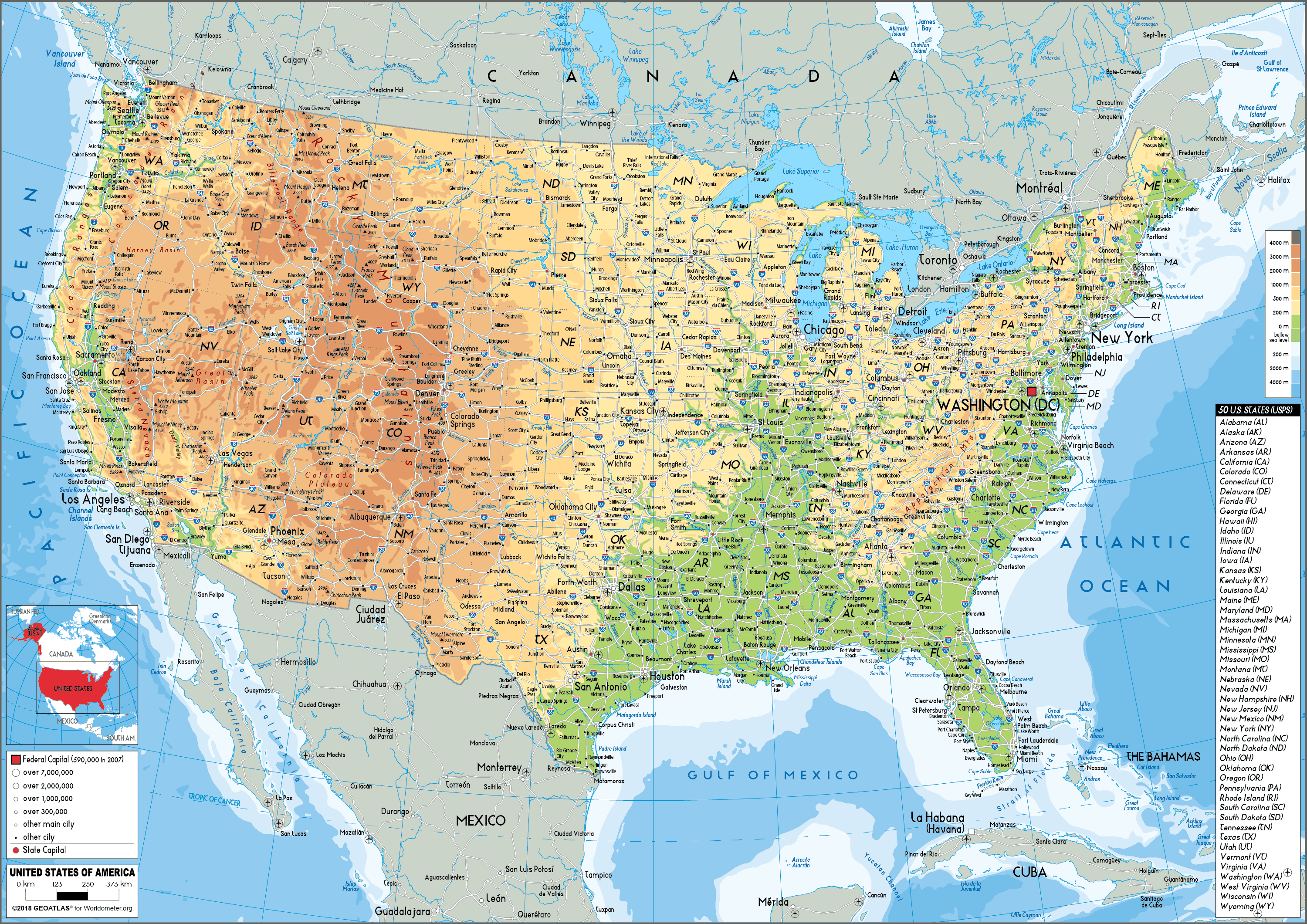 The United States of America physical map by states capital