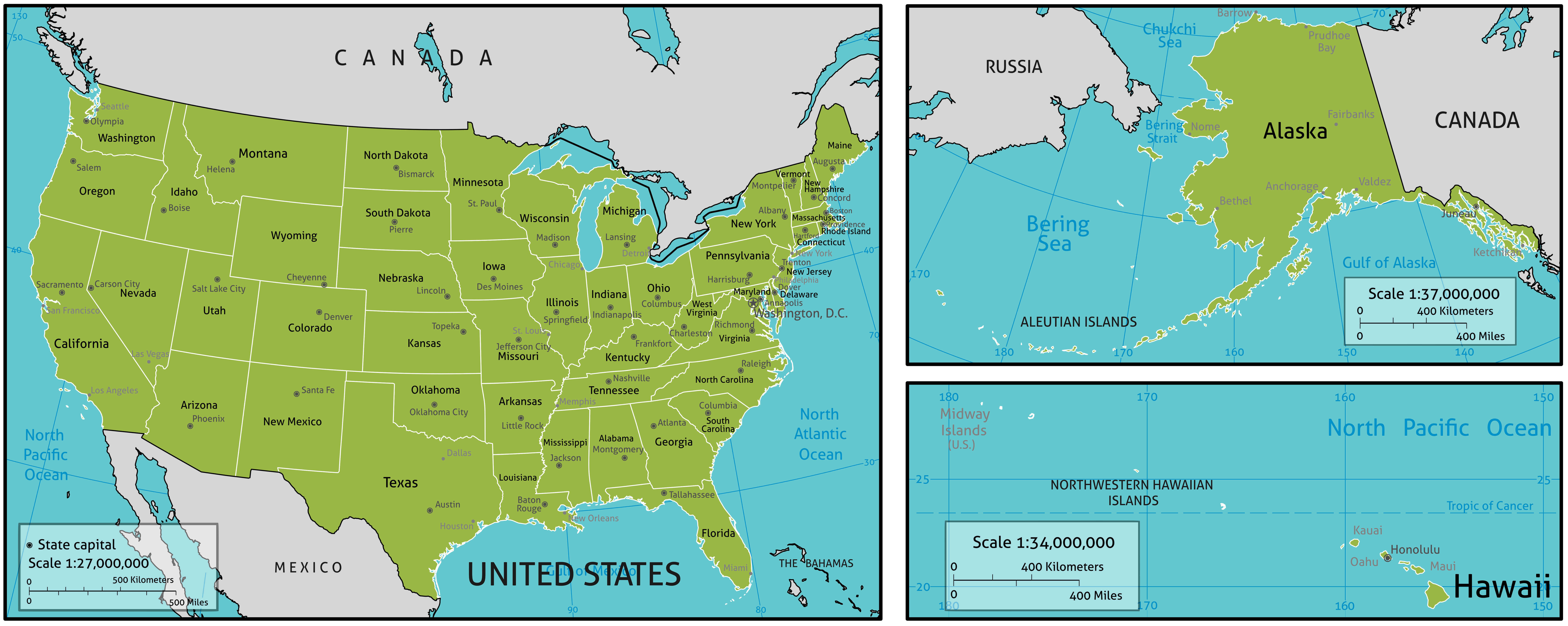 Political map of the United States with Alaska and Hawaii