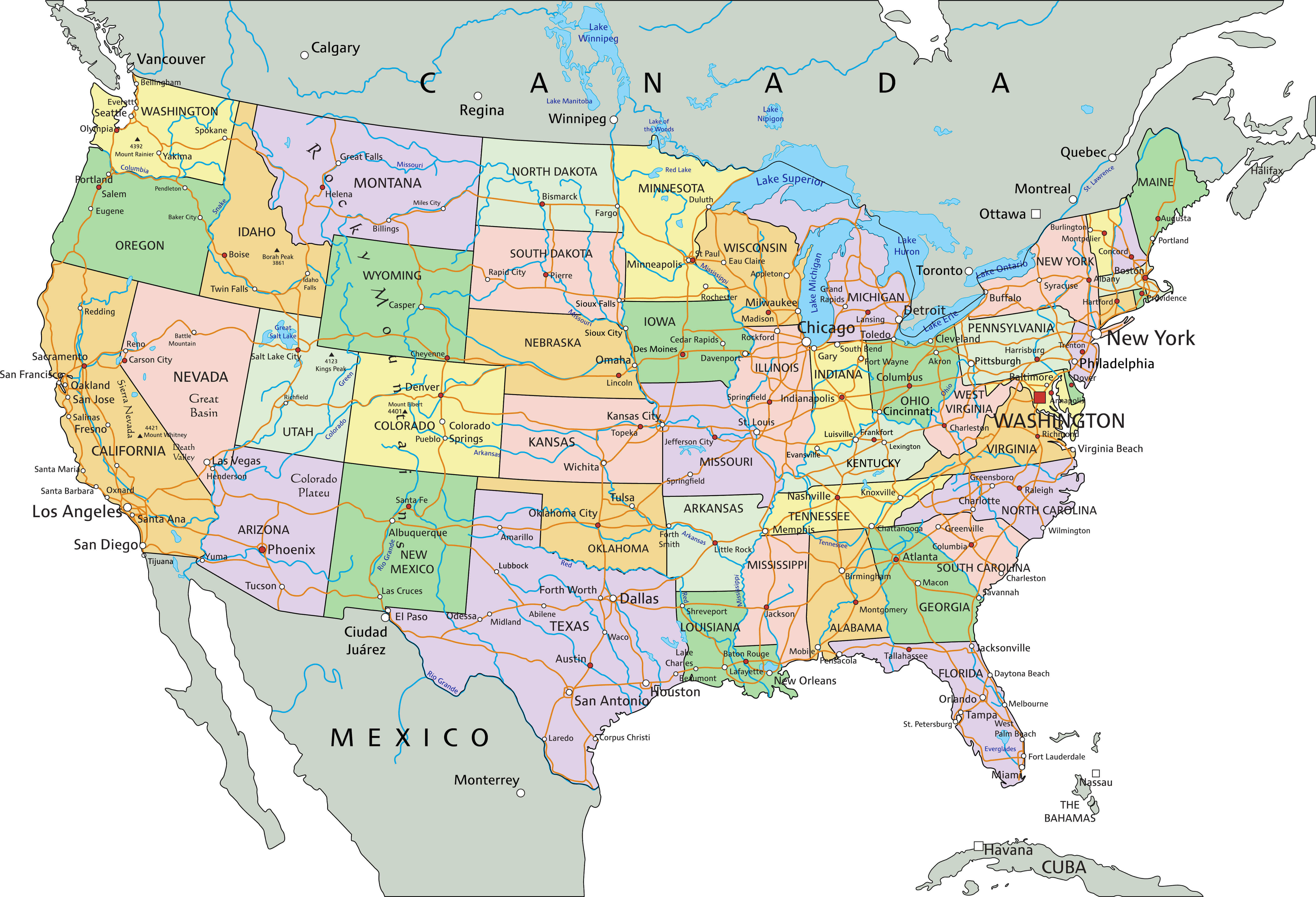 Detailed political map of the United States showing states and cities