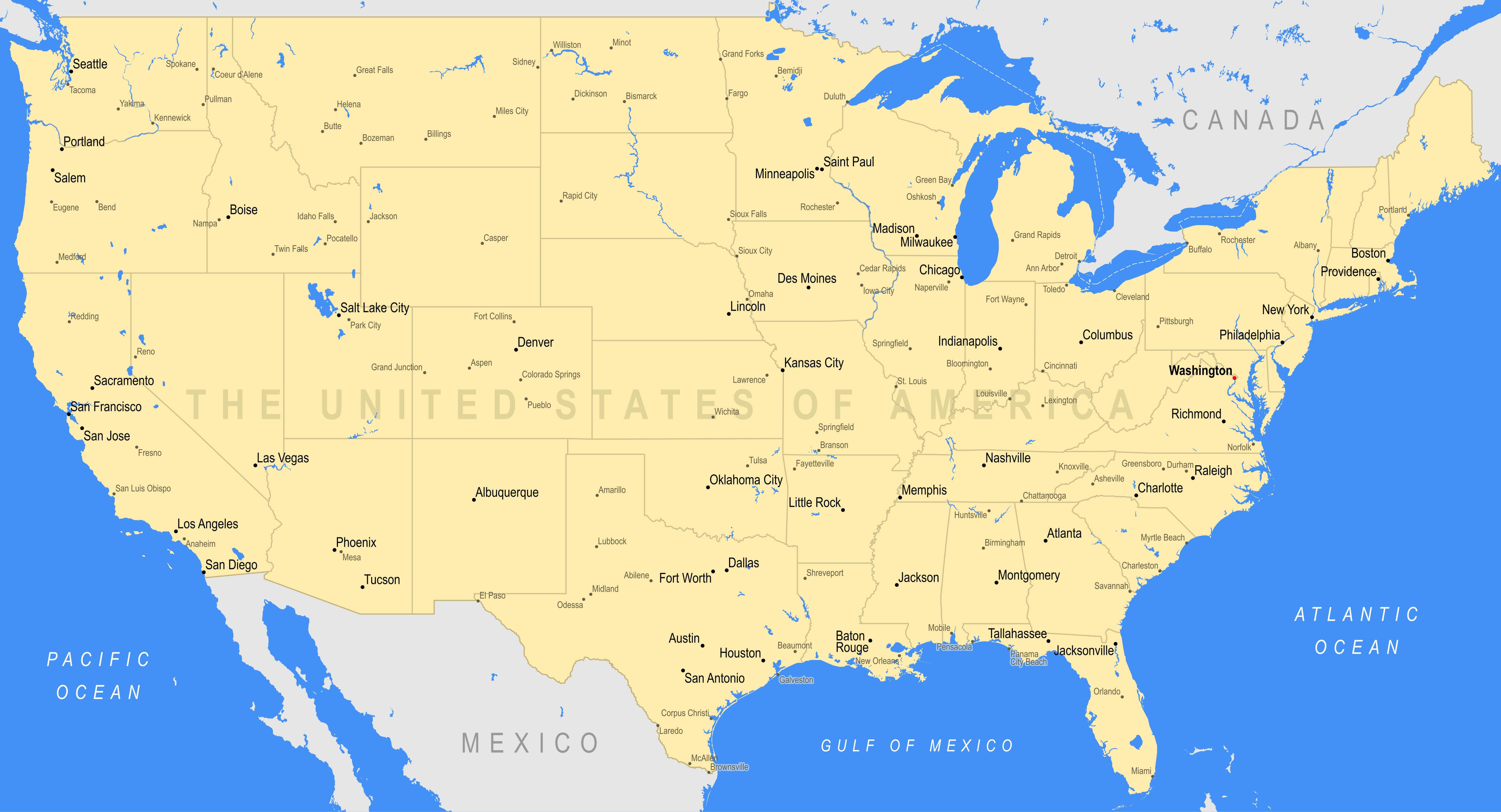 The United States of America political map with major cities