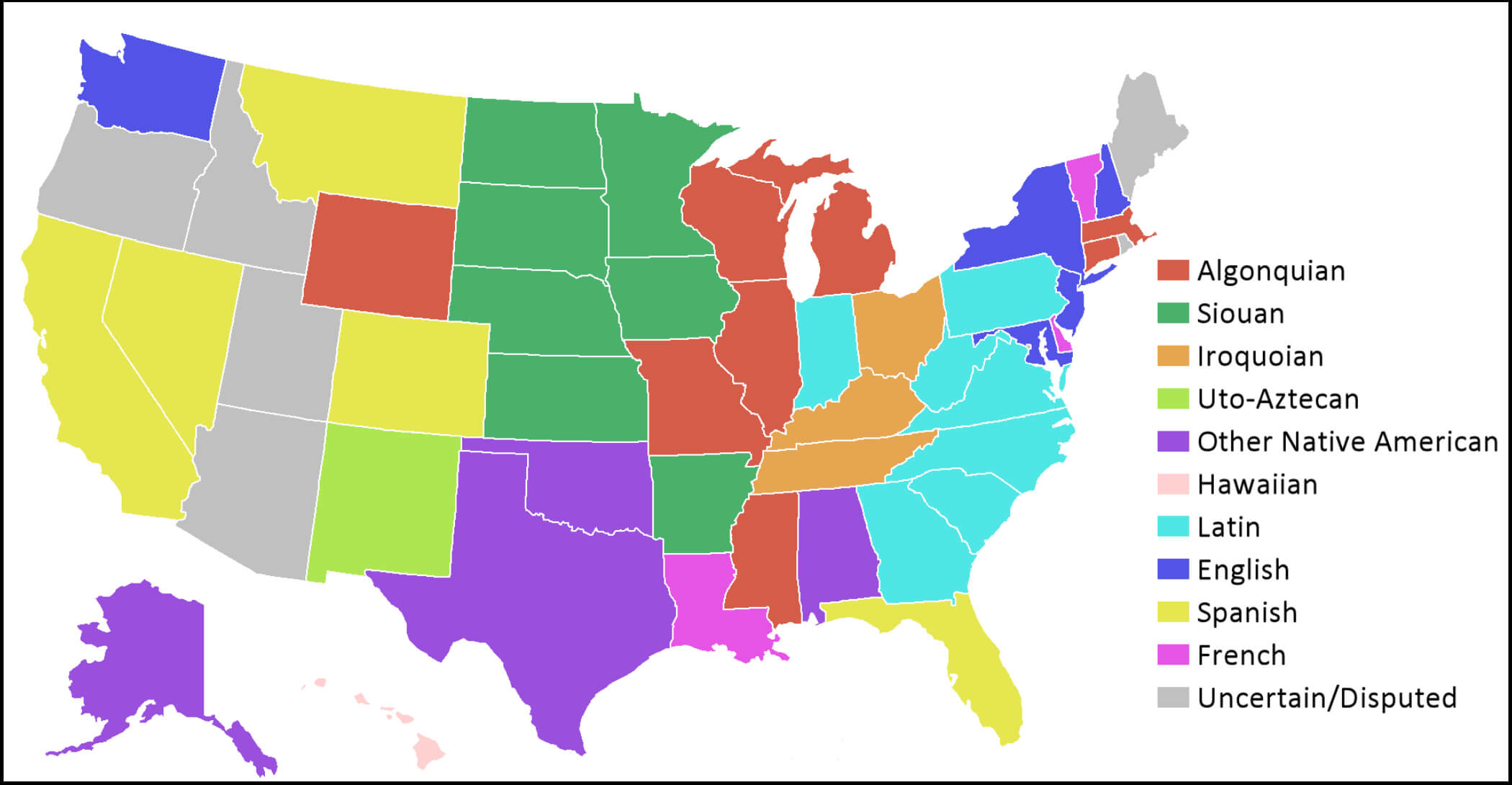 Languages of state names map in the United States