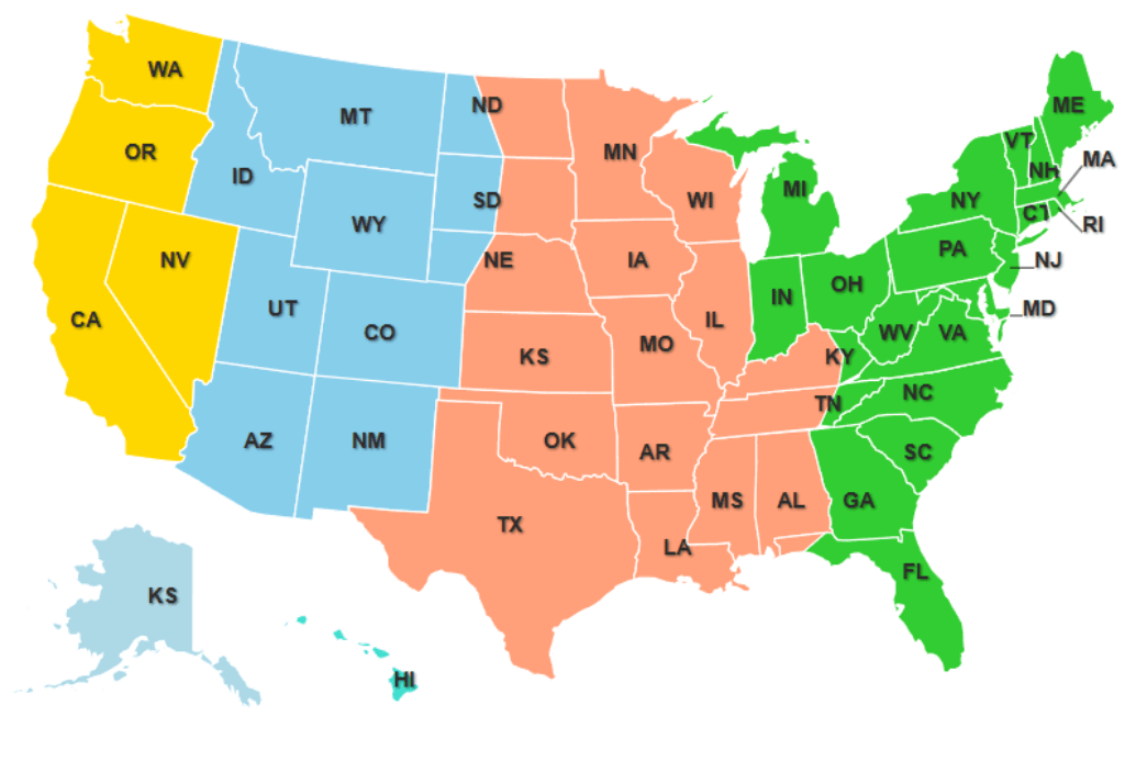 Texas US time zones map with states