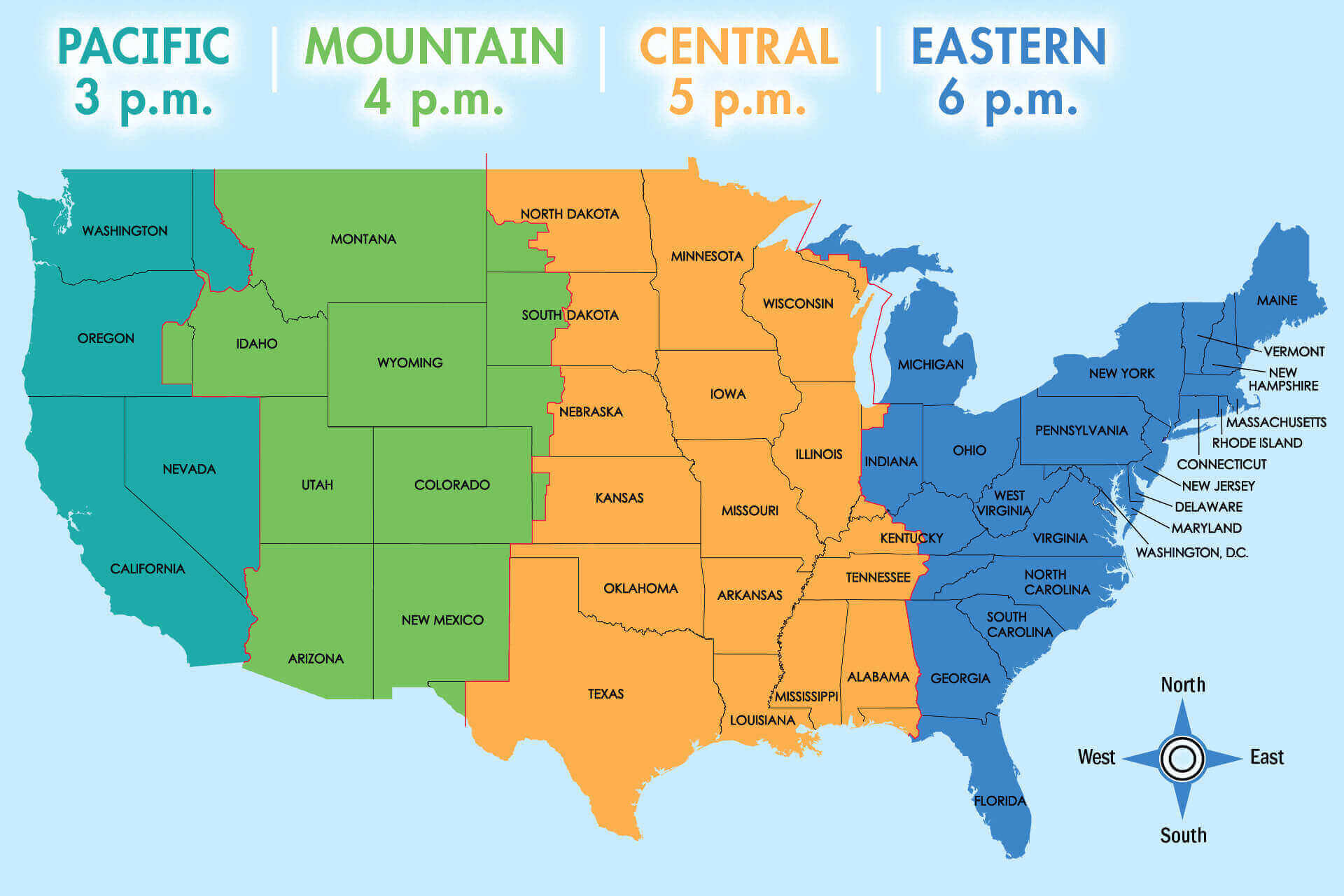Texas USA time zones map with states