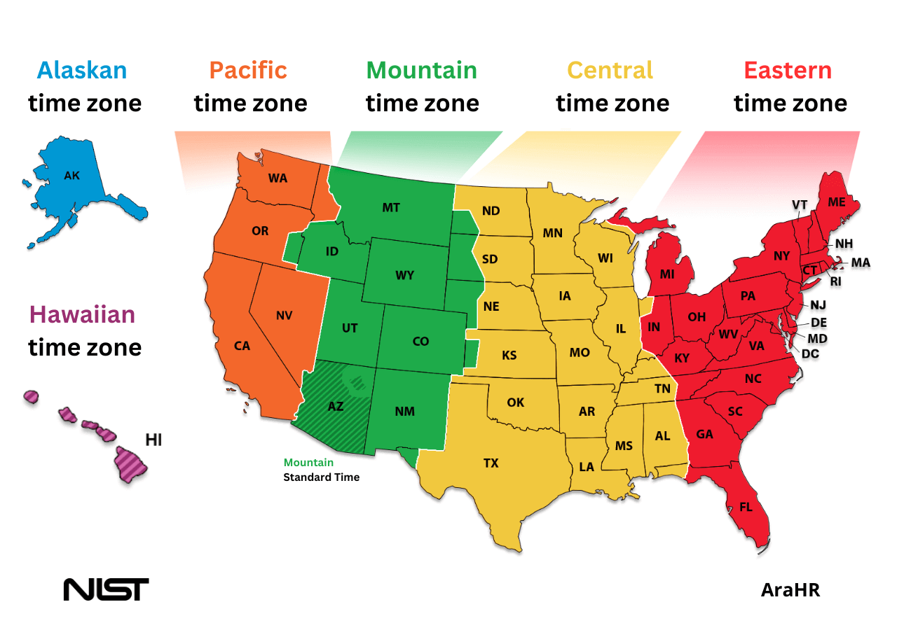 US time zone map with Texas