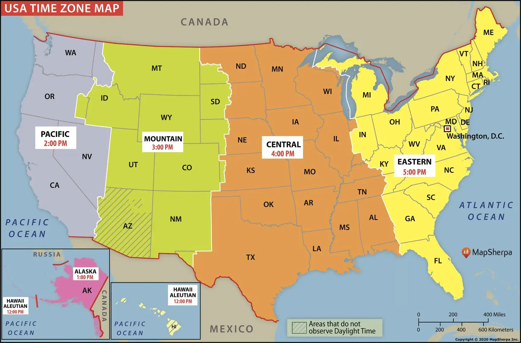 USA time zone map with Texas