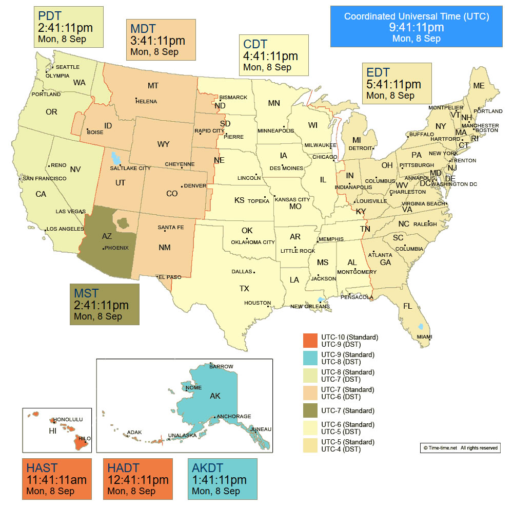 US time zone map with universal time