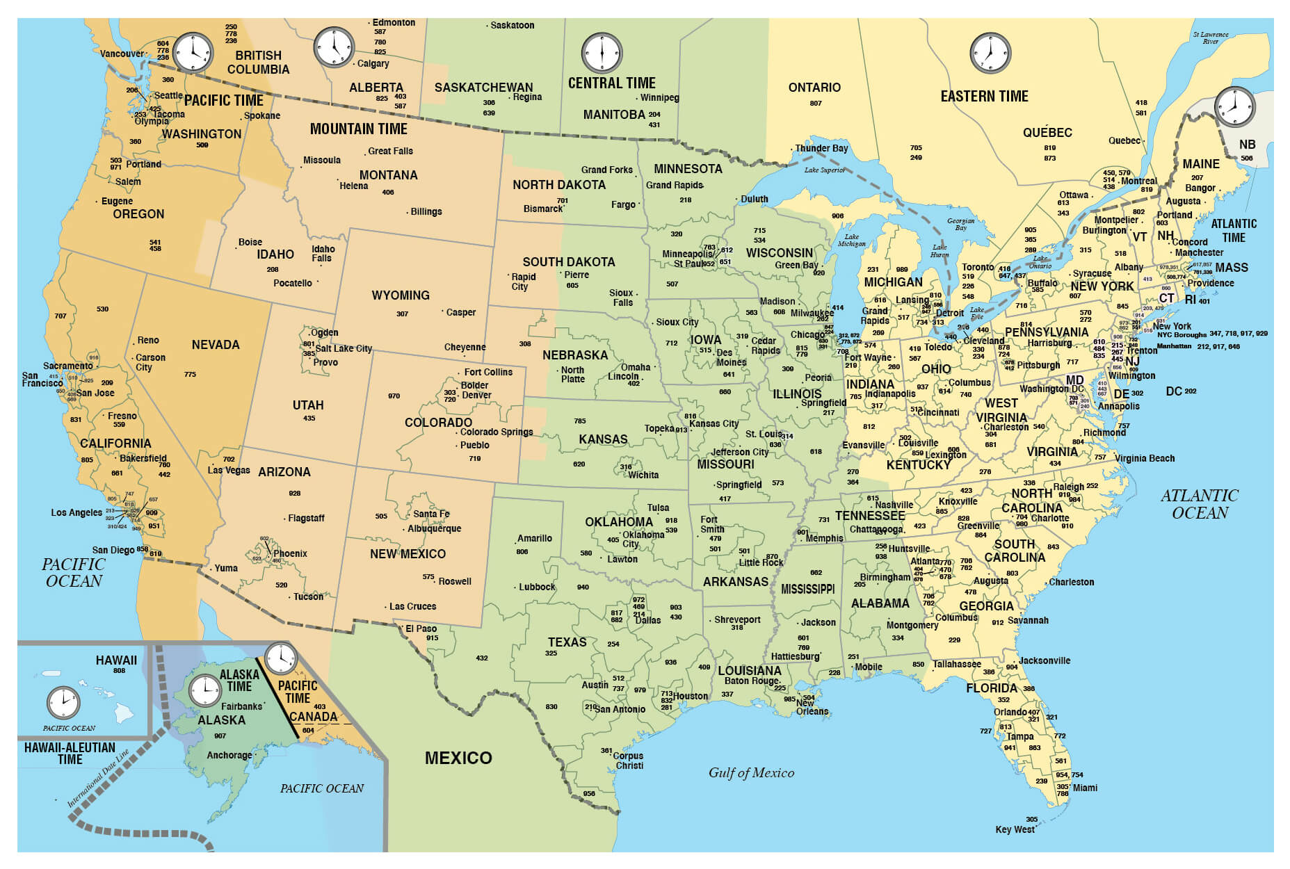 Large United States area codes map with time zones