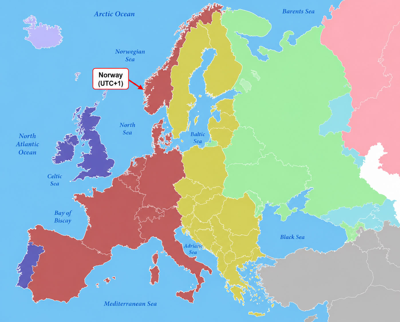 Norway on Europe time zone map
