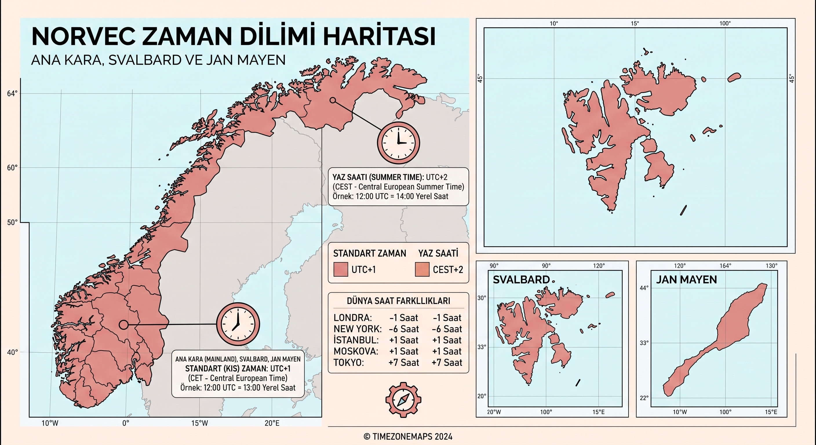 Norway UTC +1 time zone map