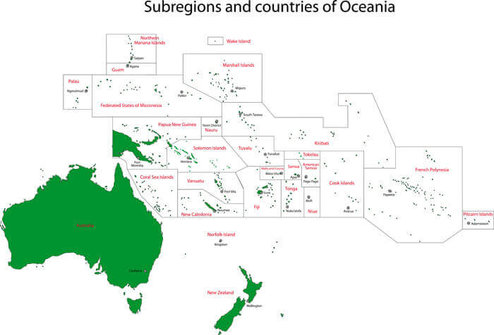 Oceania map with countries and capital cities.