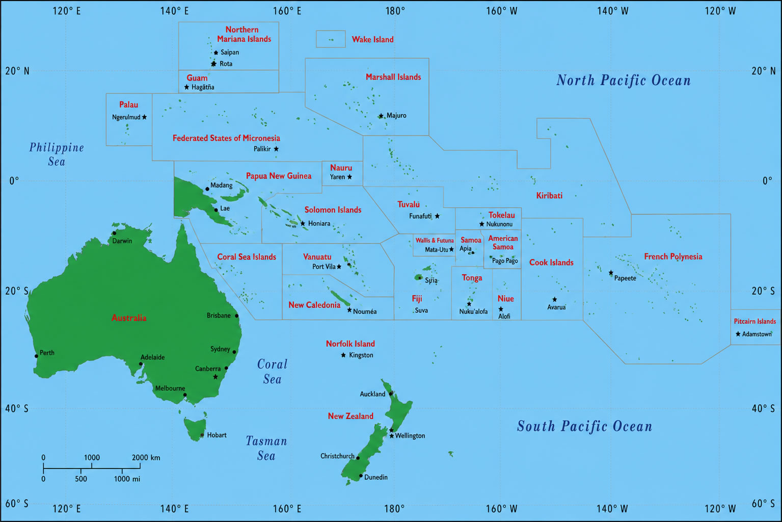 Oceania map with capital cities