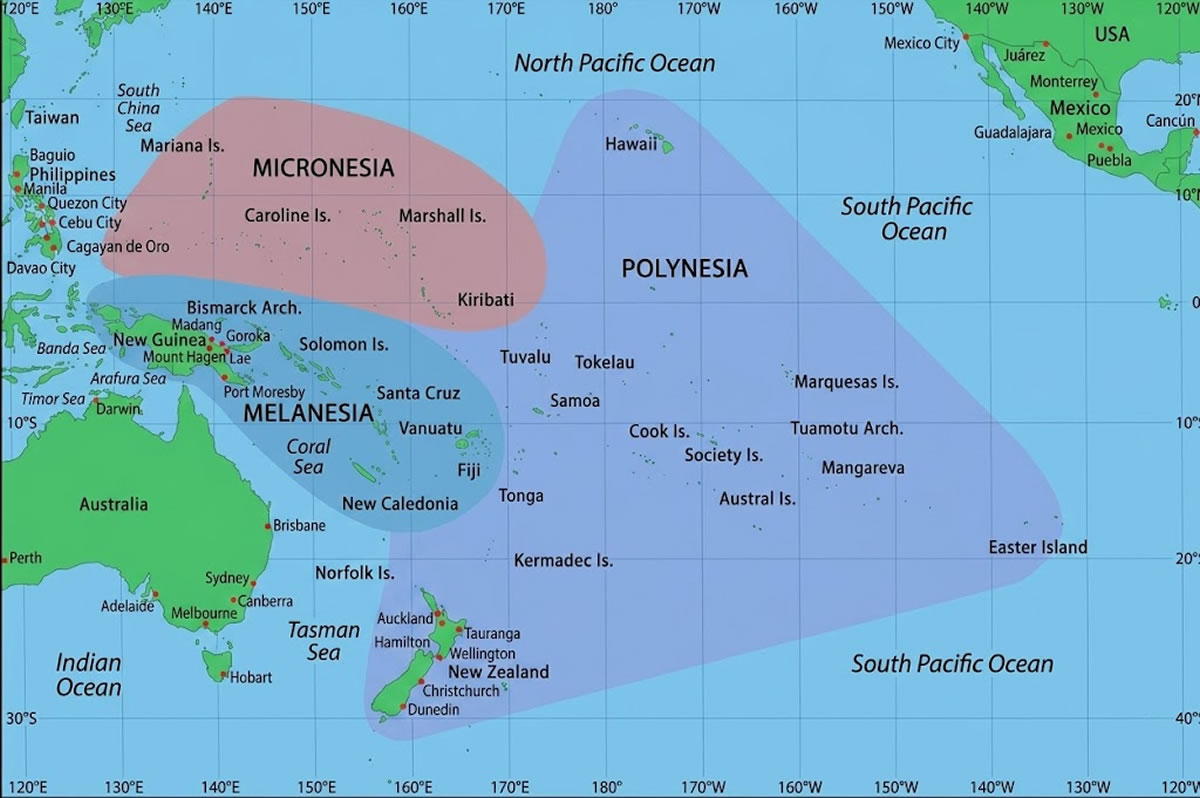Oceania map with Micronesia Polynesia and Melanesia