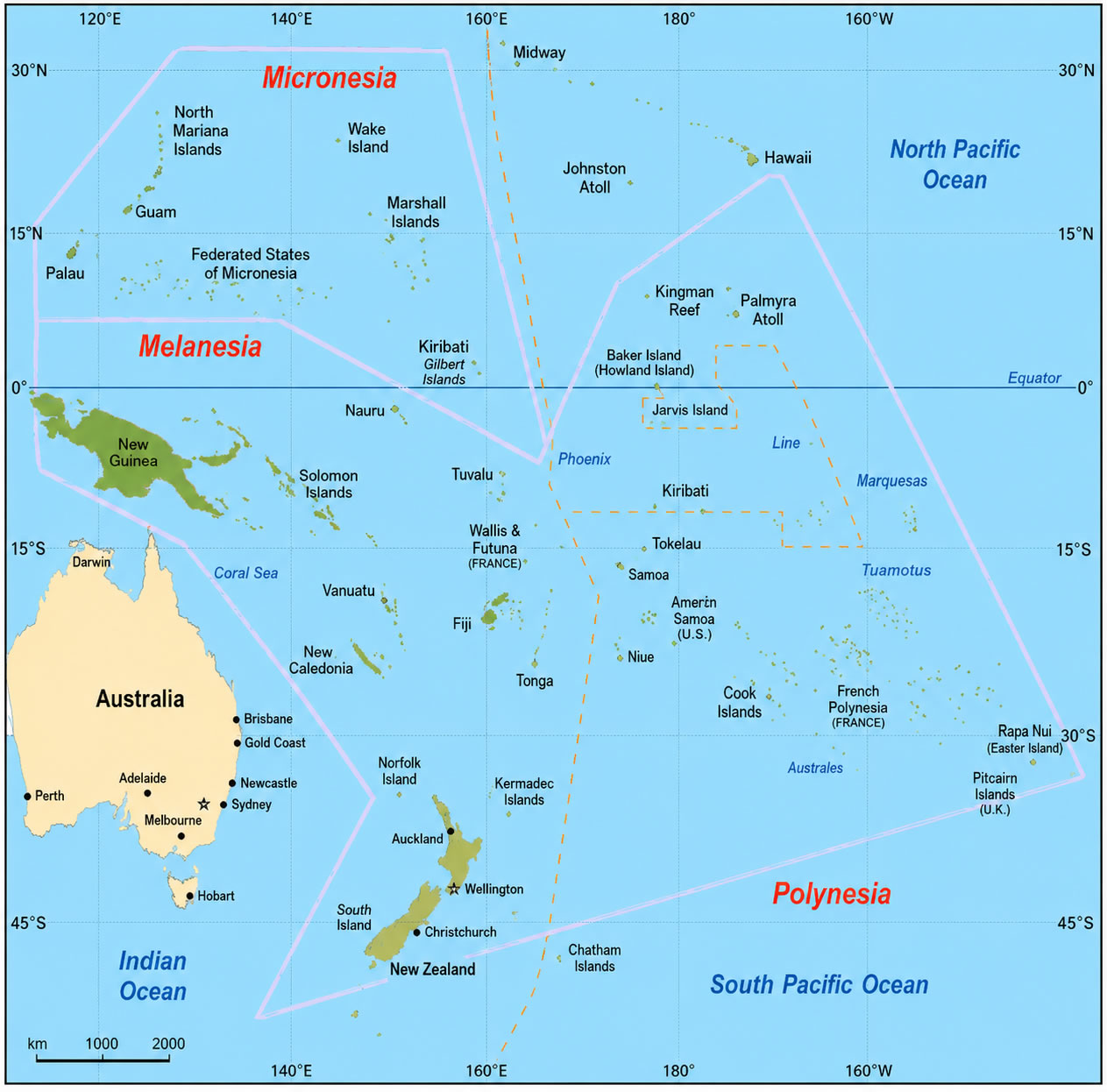 Oceania regions map Melanesia Micronesia Polynesia