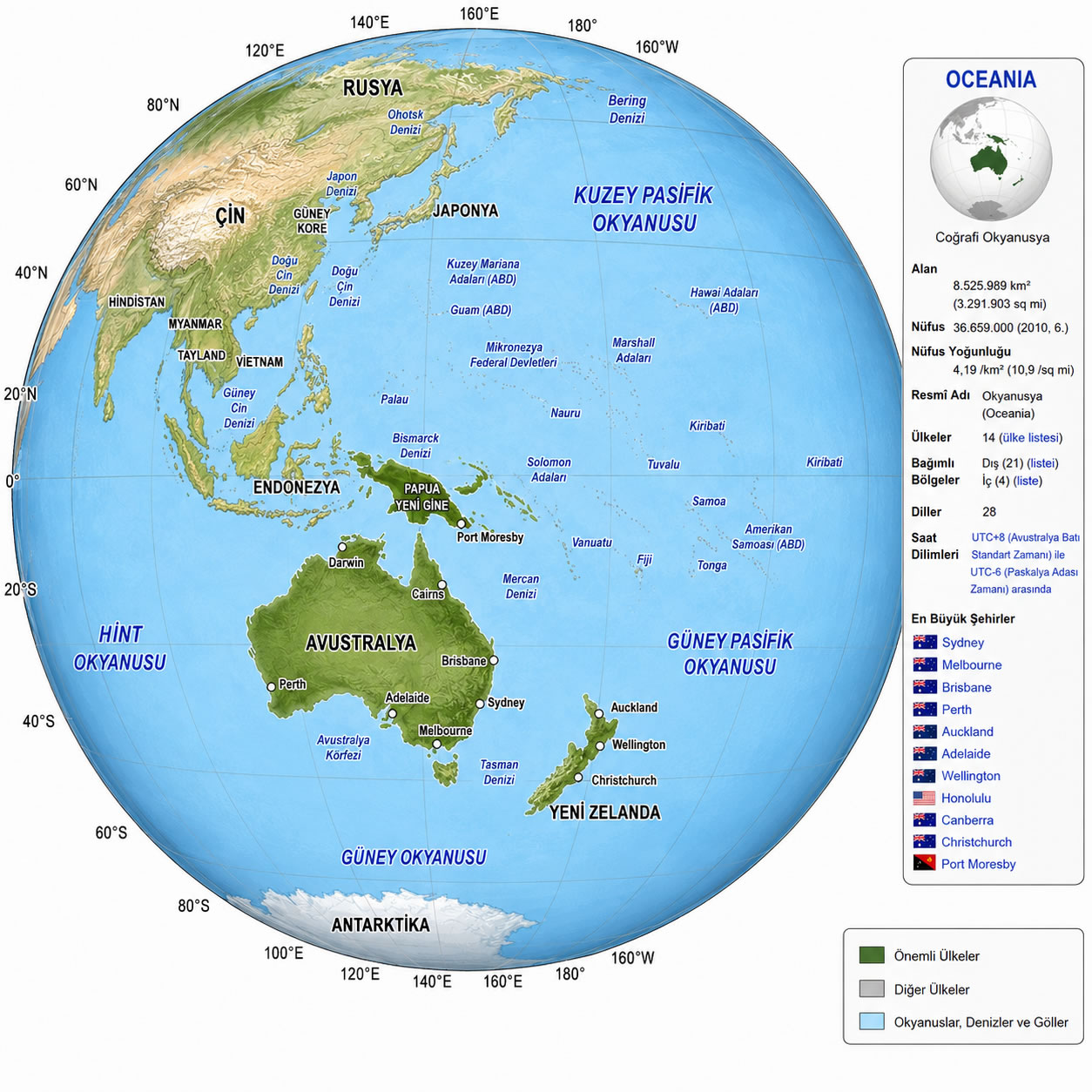 Oceania world globe map