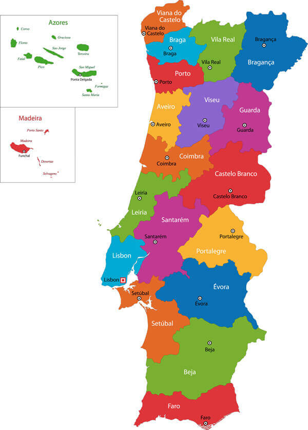 Colorful Portugal Regions Map with Cities