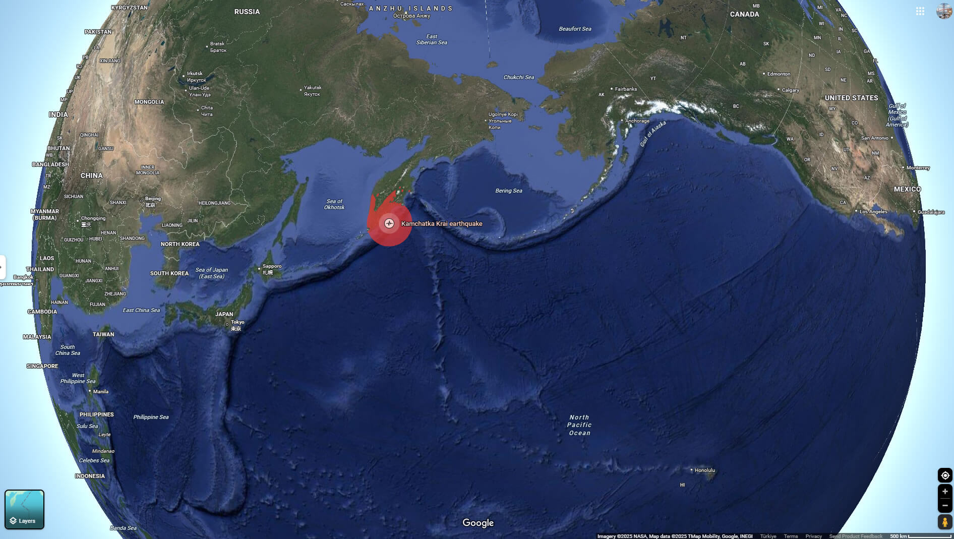 8.8 Kamchatka Krai earthquake satelltie map Russia Japan Hawaii 2025