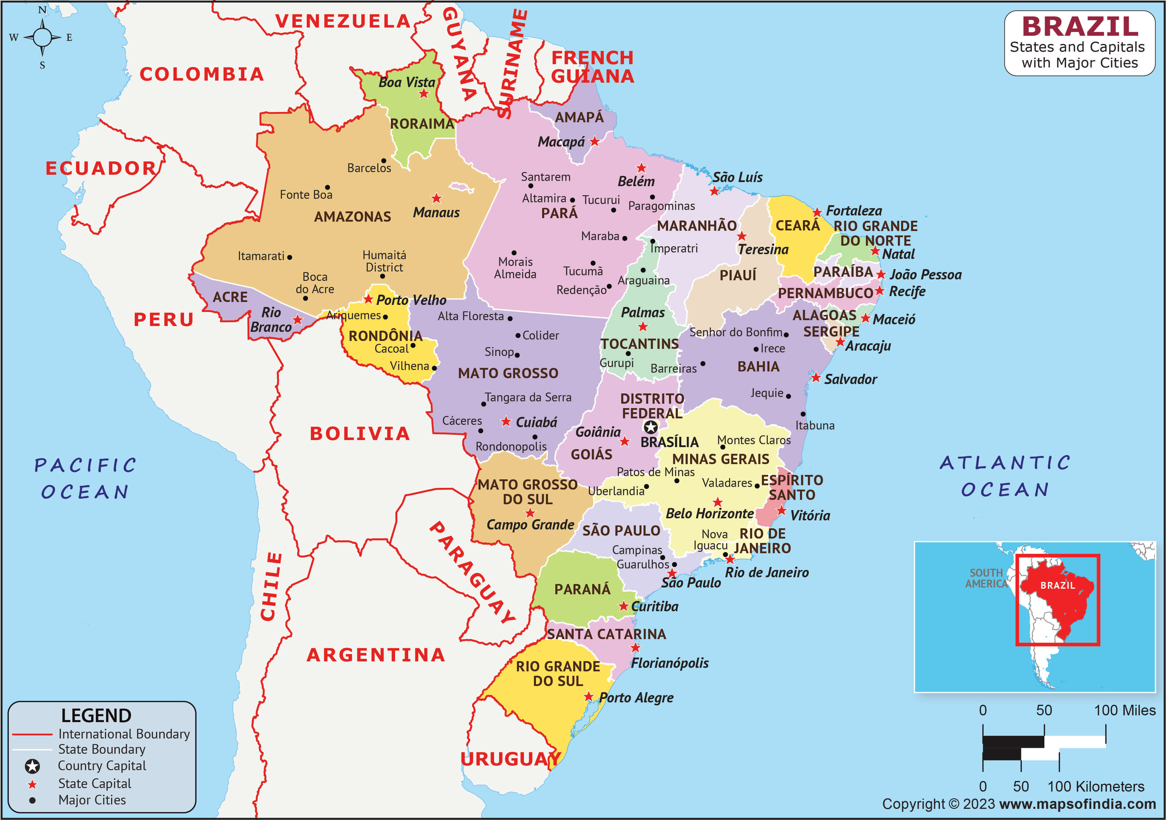 Brazil states and capital map with major cities