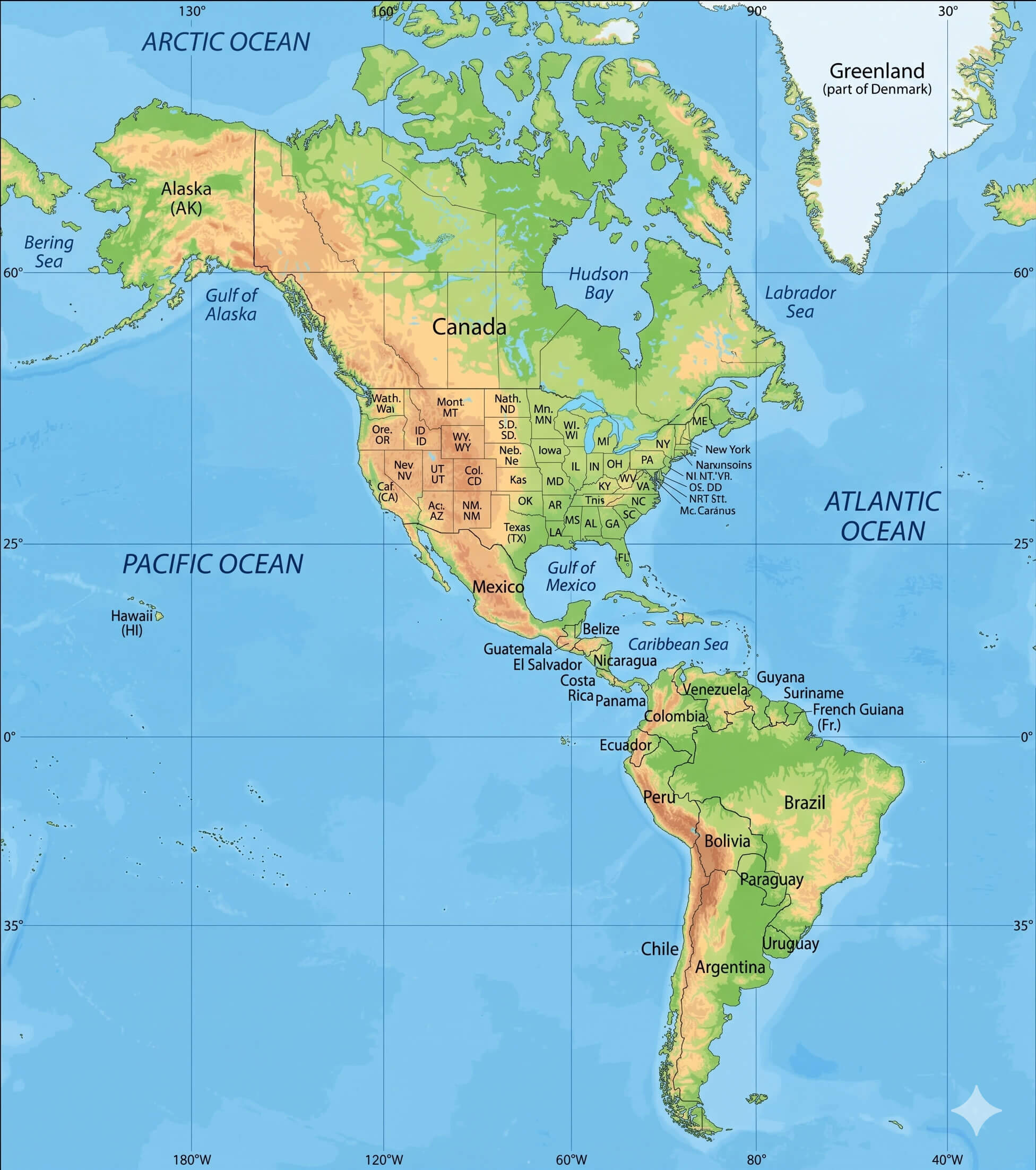North and South America physical map